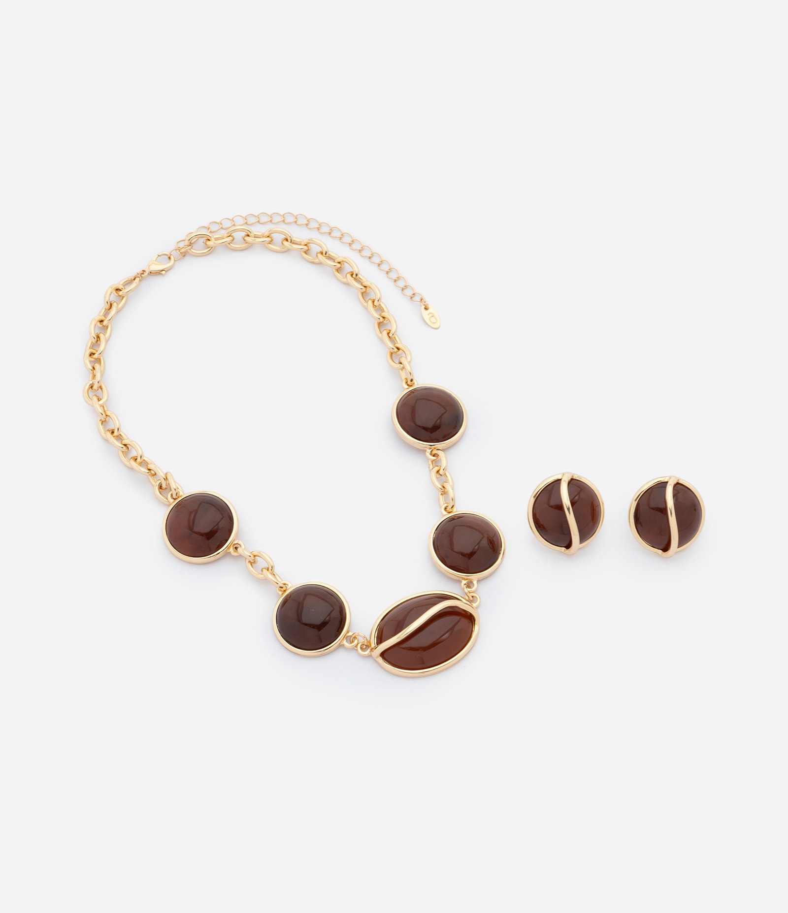Conjunto com Colar e Brincos em Metal com Resina Dourado/Marrom 2