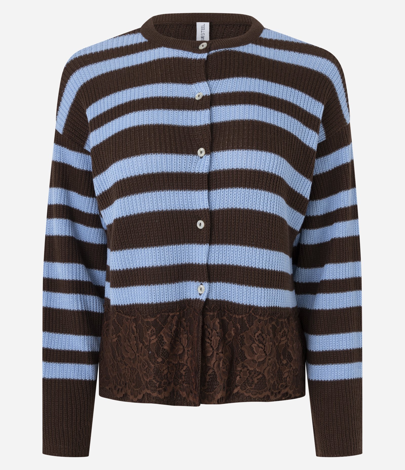 Cardigan em Tricô Listrado com Detalhe de Renda na Barra Azul 5