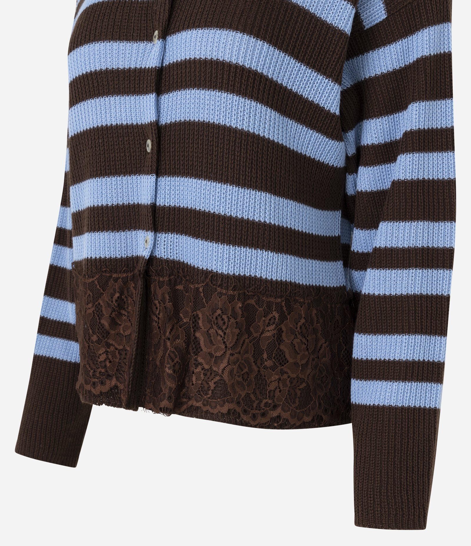 Cardigan em Tricô Listrado com Detalhe de Renda na Barra Azul 6