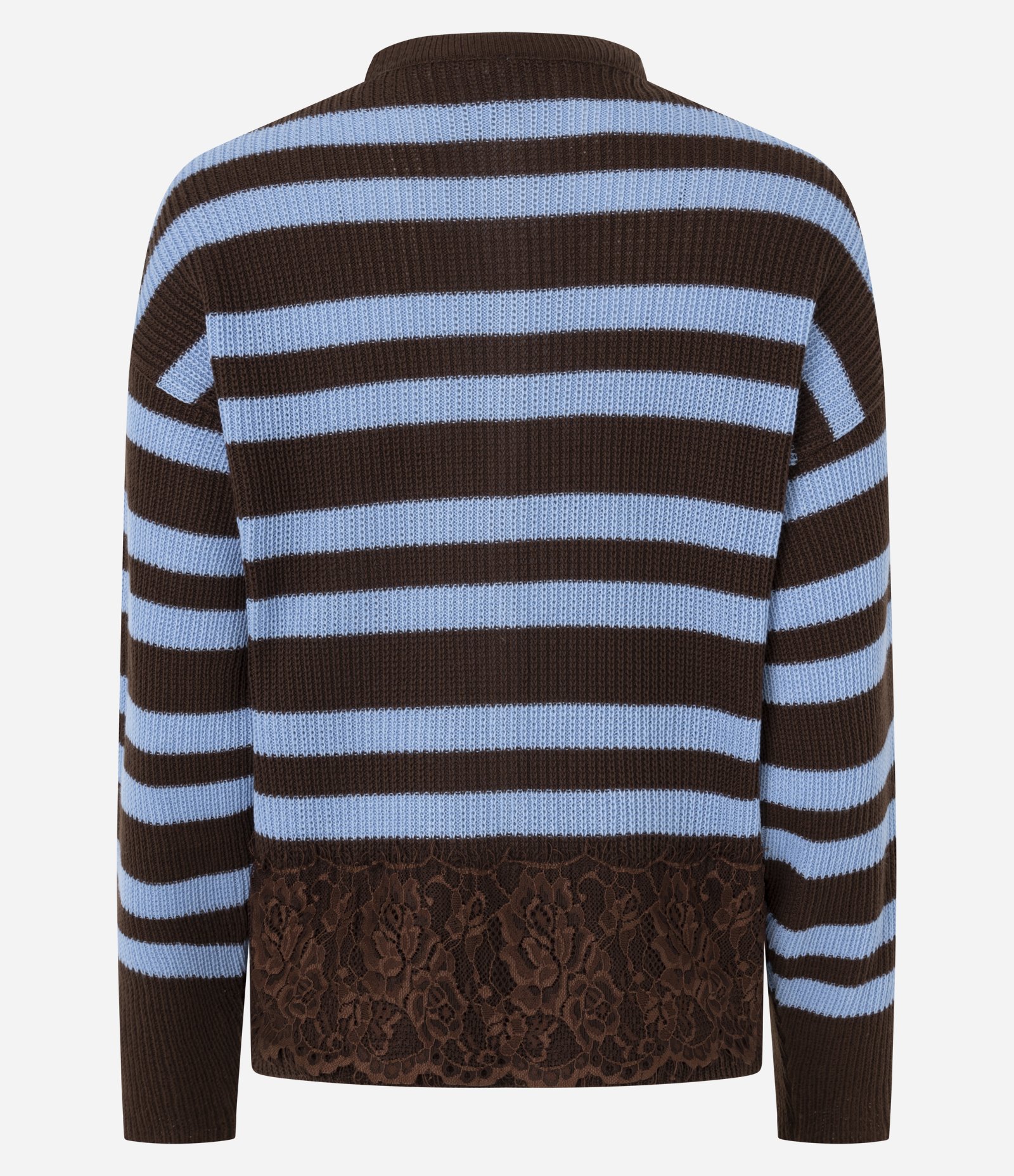 Cardigan em Tricô Listrado com Detalhe de Renda na Barra Azul 7