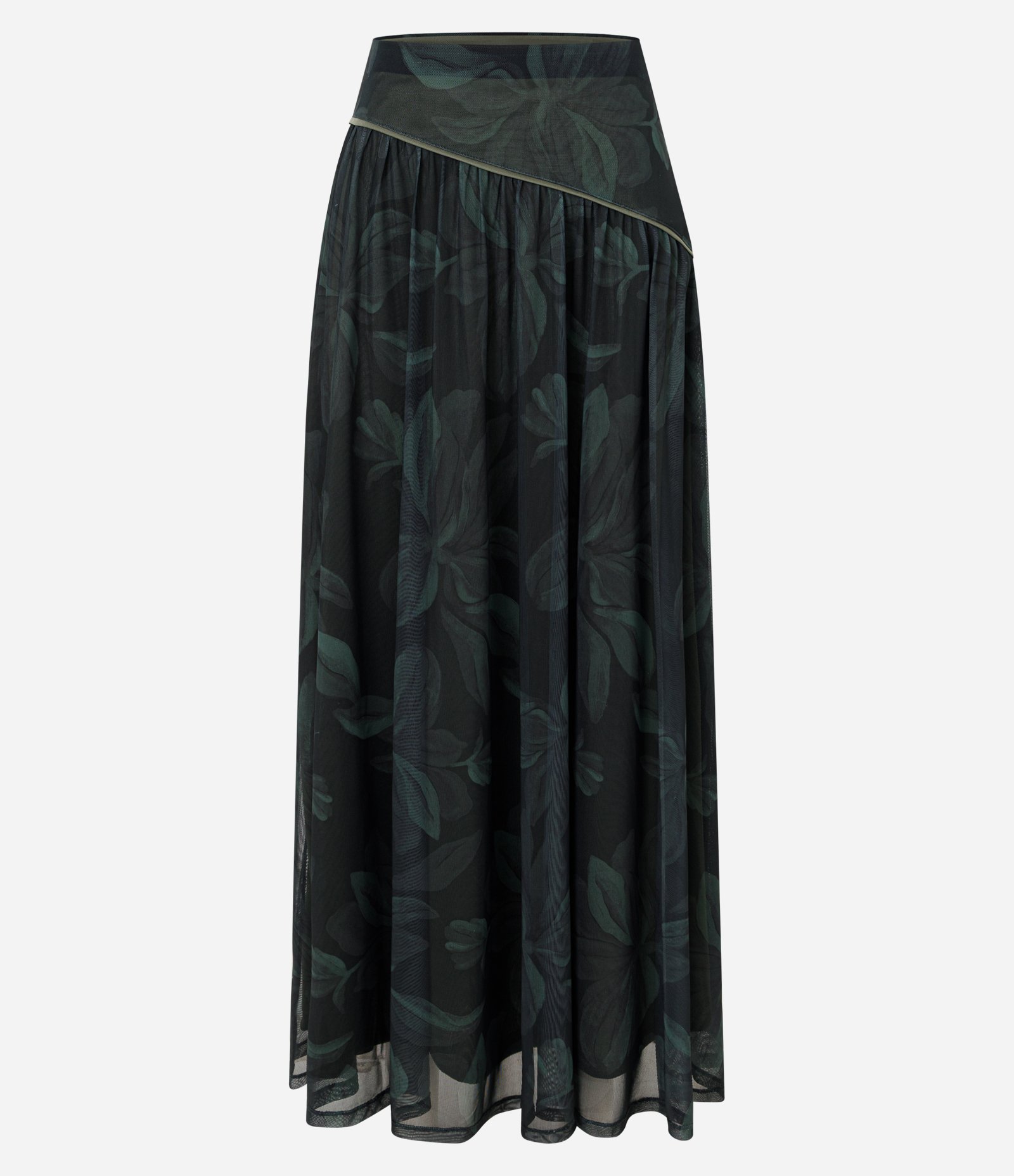 Saia Longa em Tule com Estampa Floral e Recorte Assimétrico Verde 1