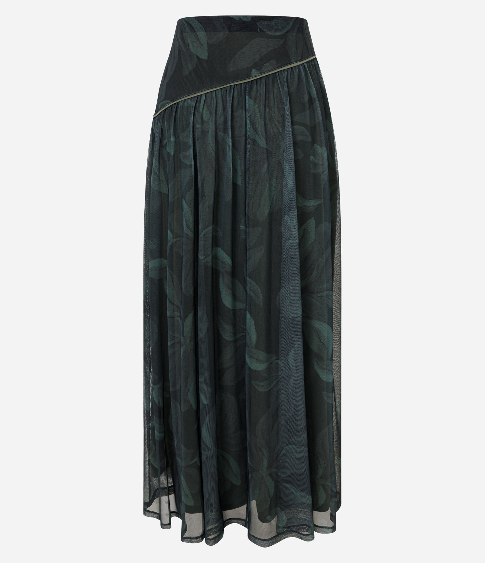 Saia Longa em Tule com Estampa Floral e Recorte Assimétrico Verde 2