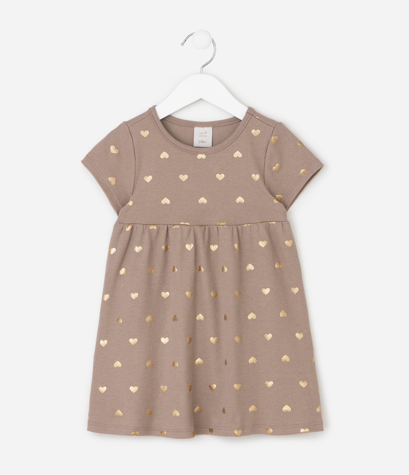 Vestido Infantil em Algodão Canelado com Foil de Corações Dourado - Tam 1 a 6 Anos Marrom 2