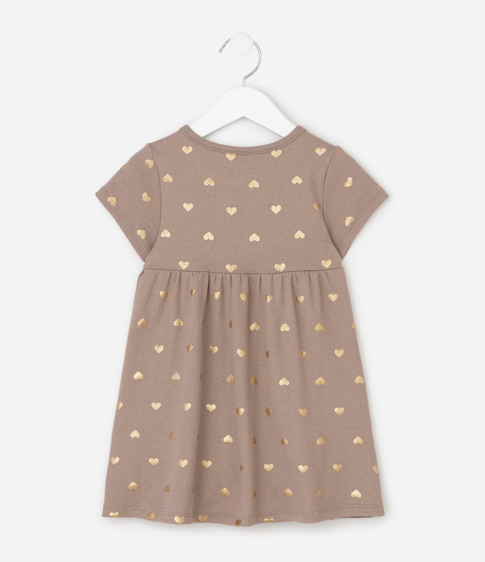 Vestido Infantil em Algodão Canelado com Foil de Corações Dourado - Tam 1 a 6 Anos Marrom 3