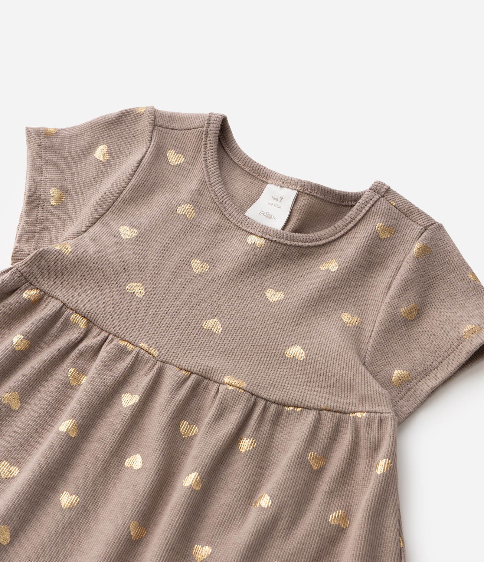 Vestido Infantil em Algodão Canelado com Foil de Corações Dourado - Tam 1 a 6 Anos Marrom 5