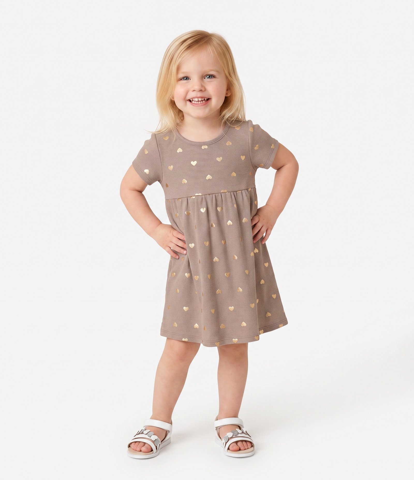 Vestido Infantil em Algodão Canelado com Foil de Corações Dourado - Tam 1 a 6 Anos Marrom 1