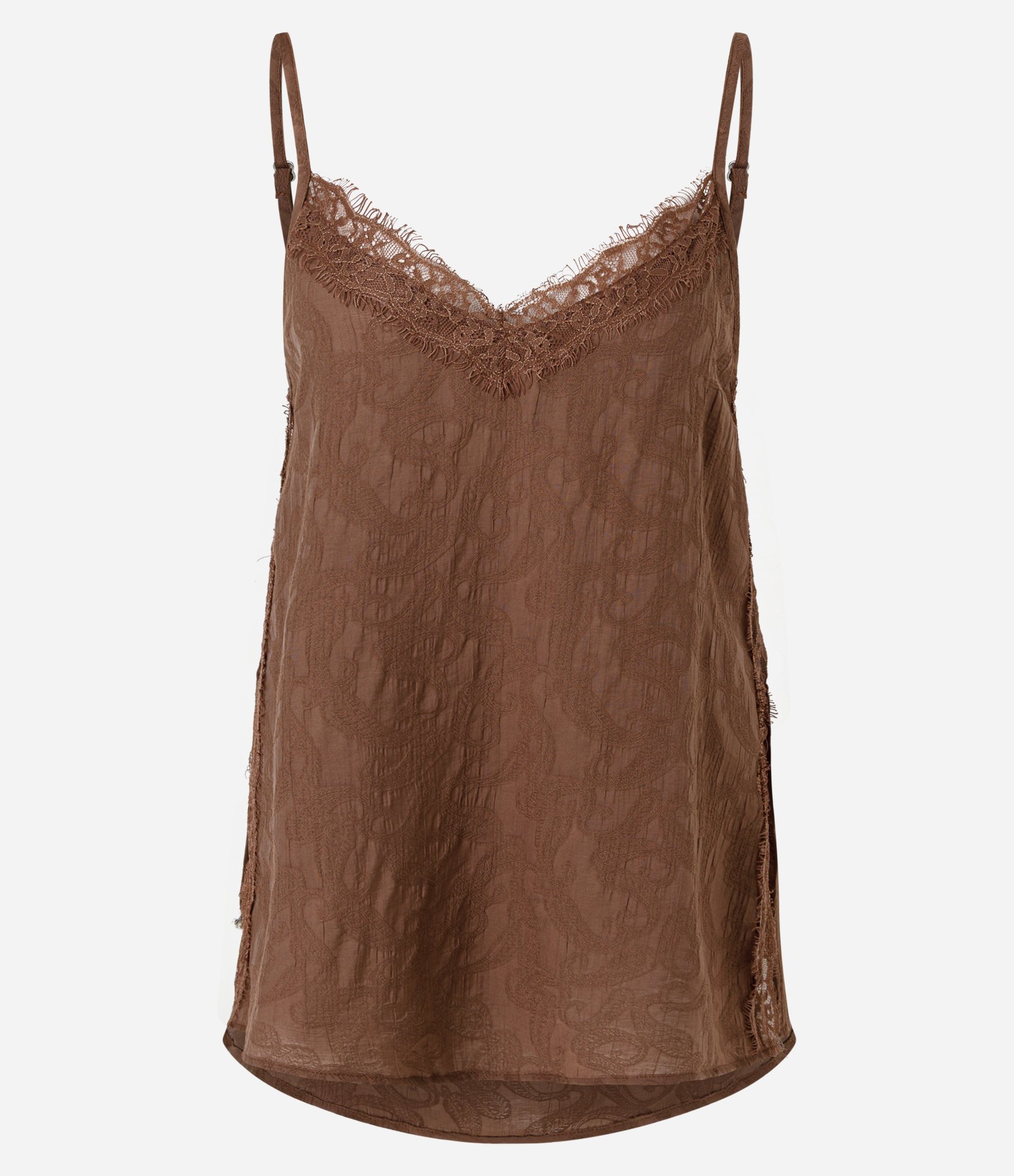 Blusa de Alcinha em Viscose Jacquard com Decote Rendado Marrom 5