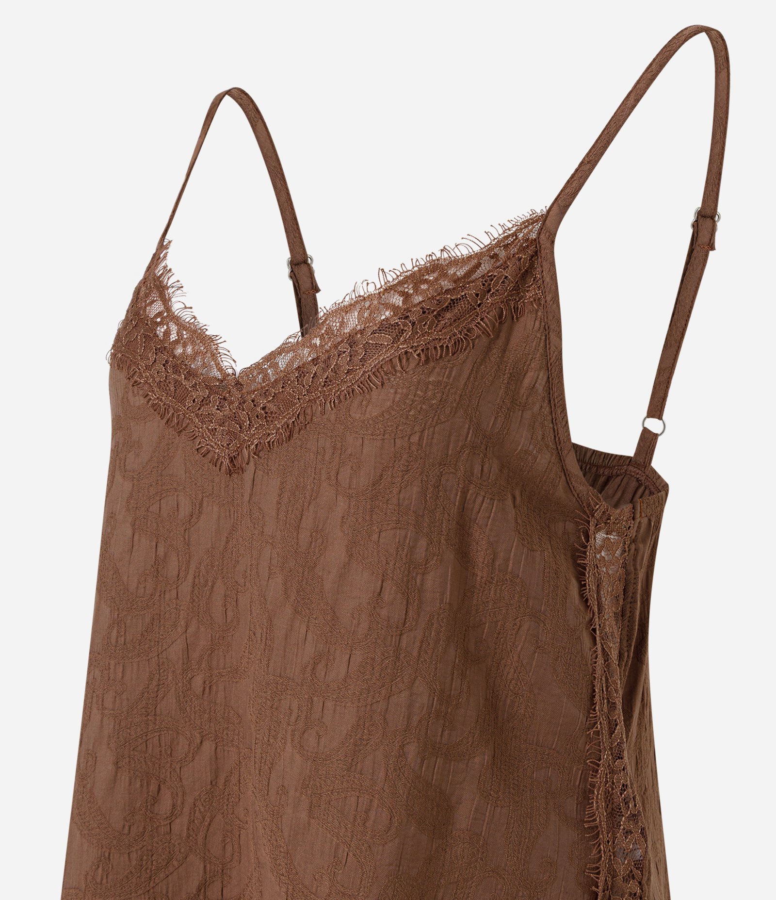 Blusa de Alcinha em Viscose Jacquard com Decote Rendado Marrom 6