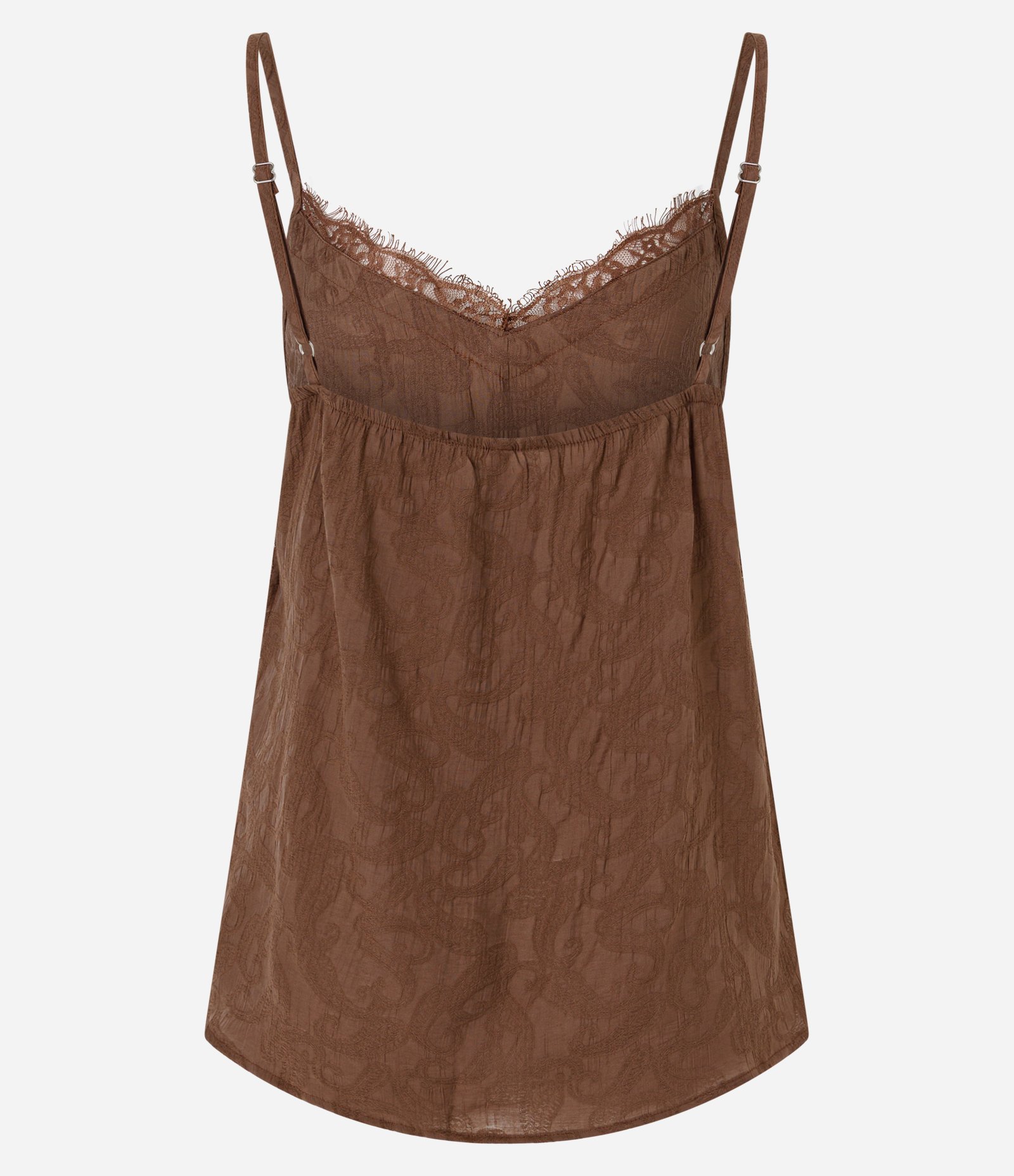 Blusa de Alcinha em Viscose Jacquard com Decote Rendado Marrom 7
