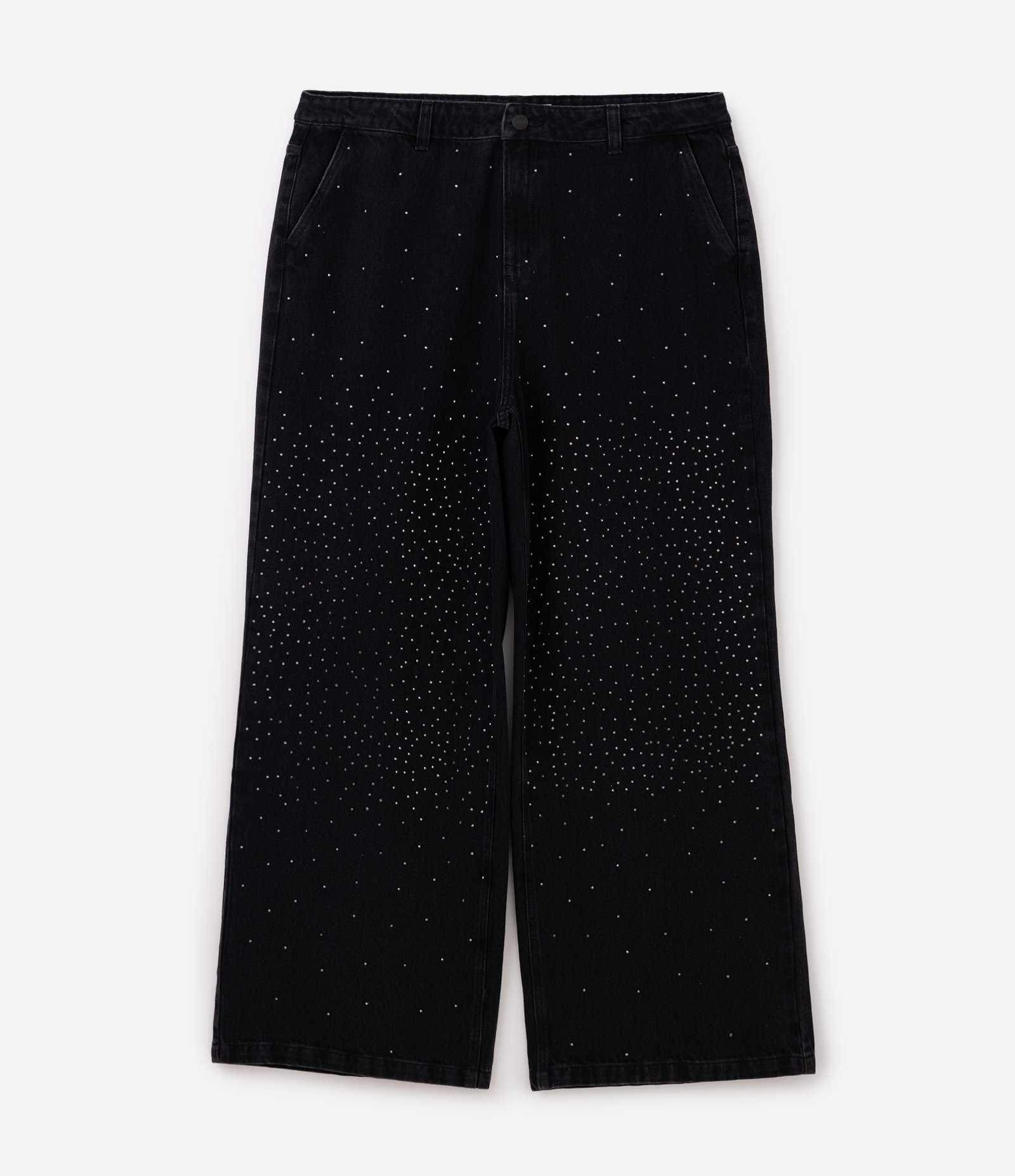 Calça Wide Jeans com Aplicação de Brilhos Curve & Plus Size Preto 1