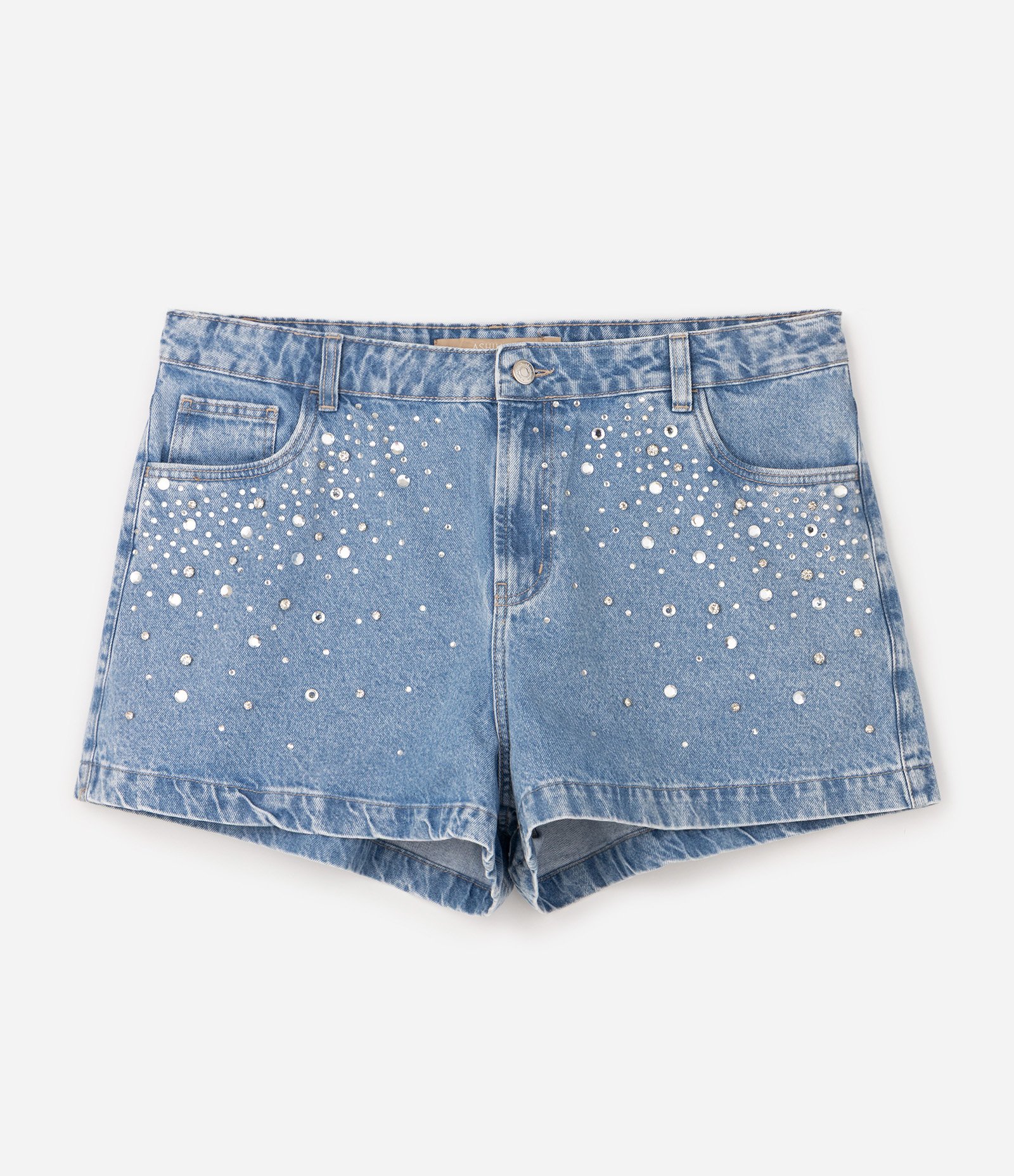 Short Evasê Jeans com Aplicação de Brilhos Curve & Plus Size Azul 5