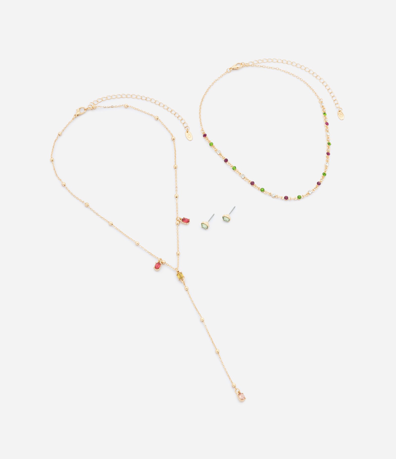 Conjunto Colar Camadas e 01 Par de Brincos com Chatons e Strass Dourado 2