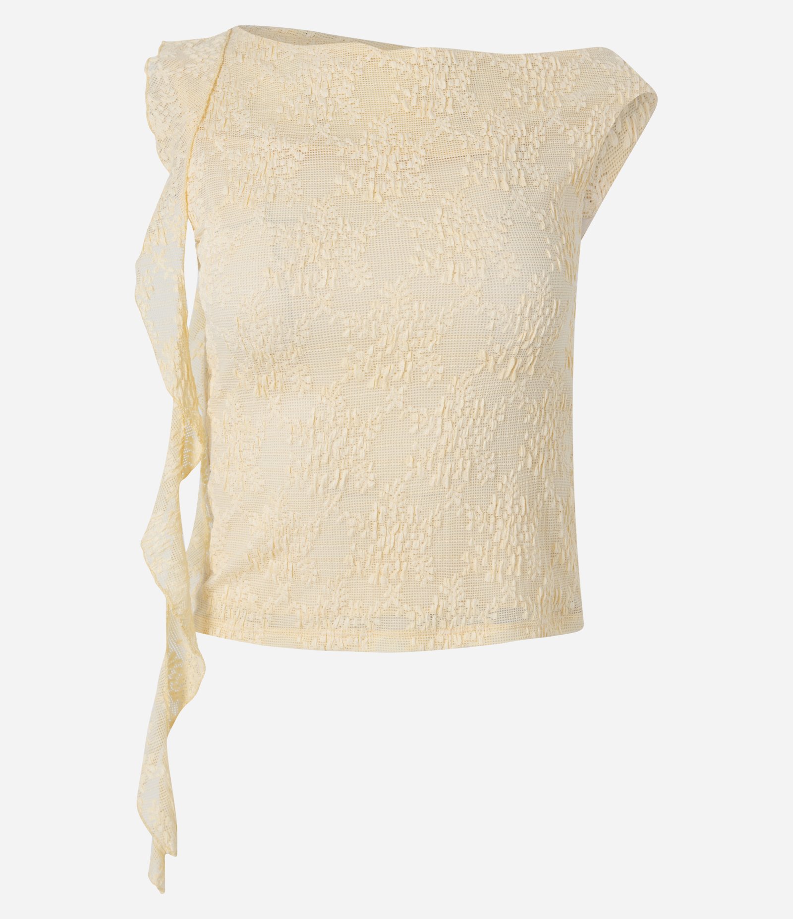 Blusa em Renda com Faixa Assimétrica e Gola Canoa Amarelo Claro 5
