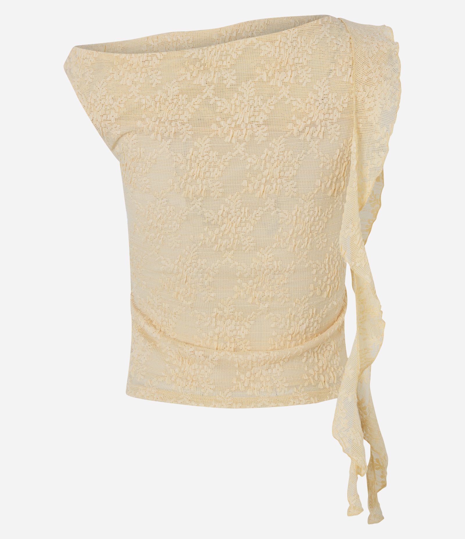 Blusa em Renda com Faixa Assimétrica e Gola Canoa Amarelo Claro 7