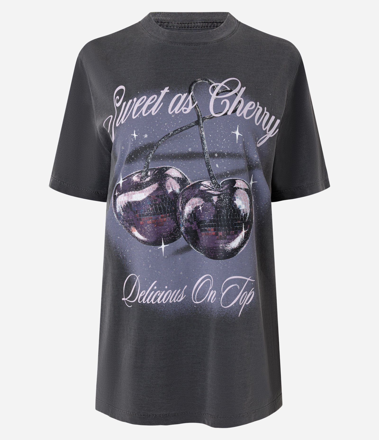 Camiseta em Algodão com Estampa Cereja Sweet as Cherry com Brilhos Preto 5