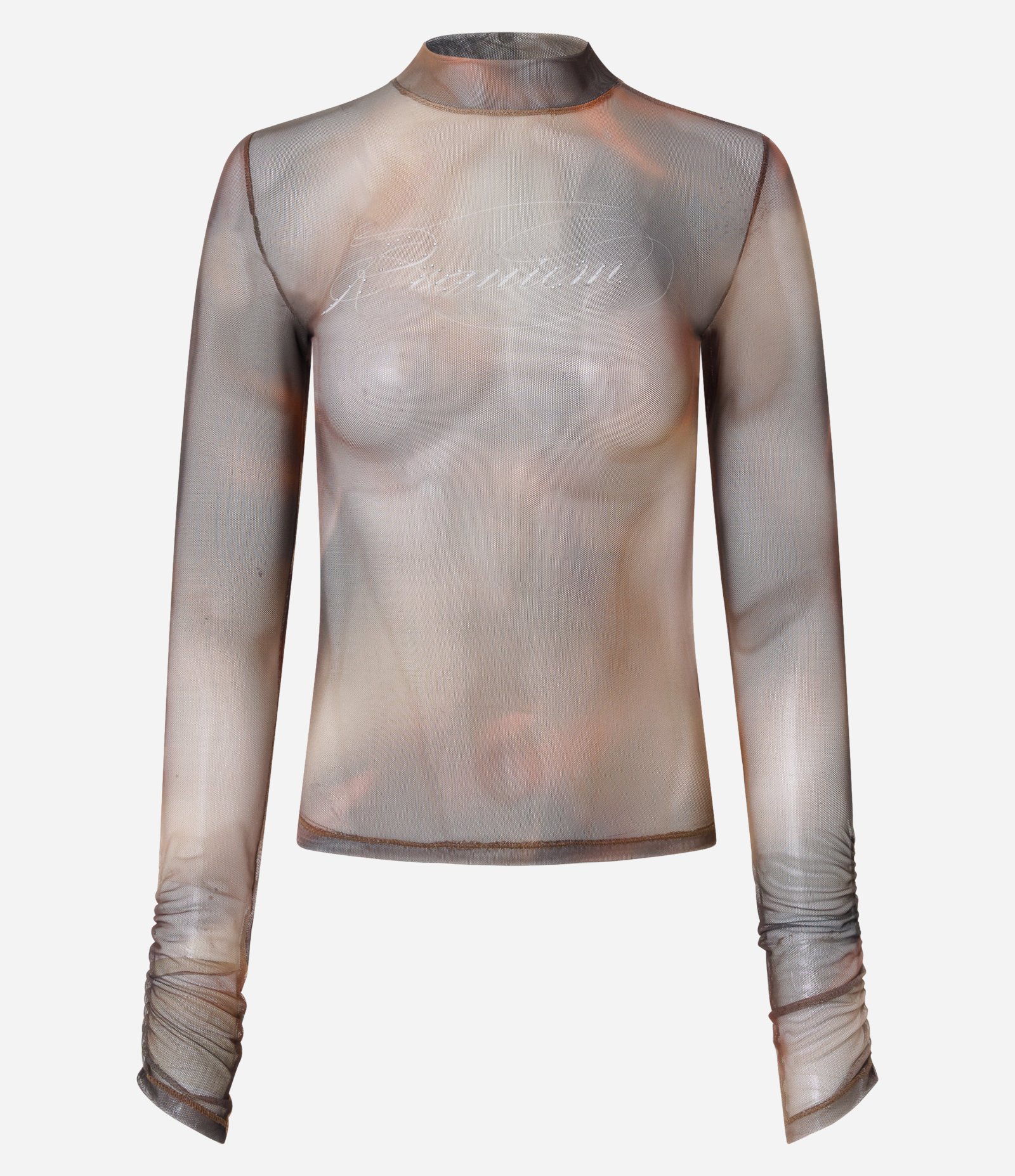 Blusa em Tule com Estampa Abstrata e Lettering "Requiem" Brilhoso Marrom 5
