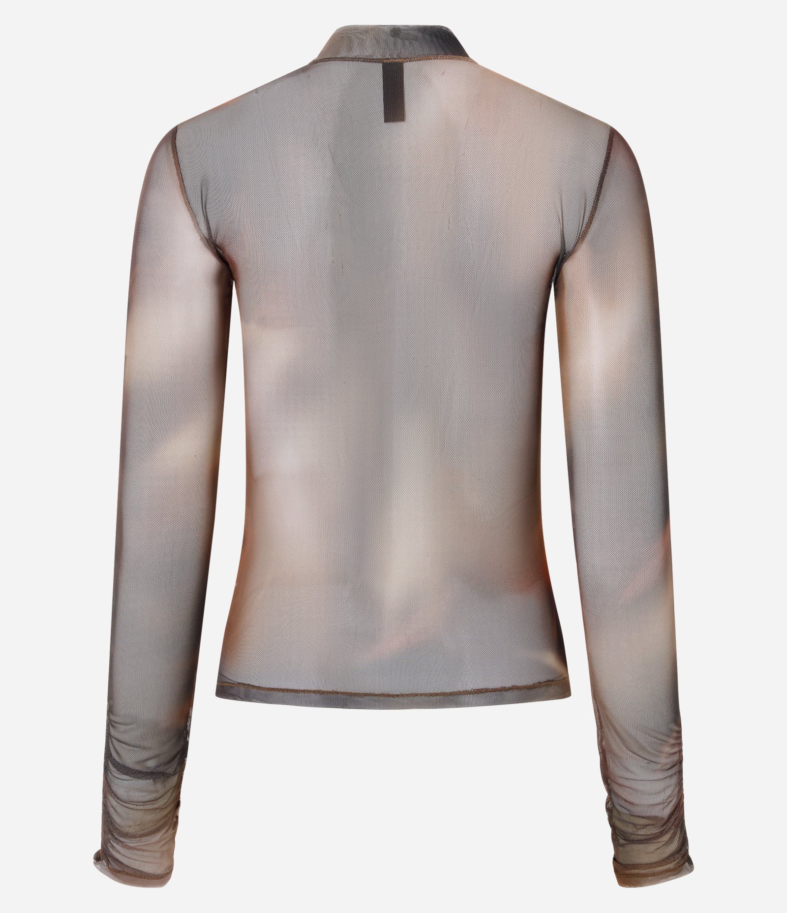 Blusa em Tule com Estampa Abstrata e Lettering "Requiem" Brilhoso Marrom 8