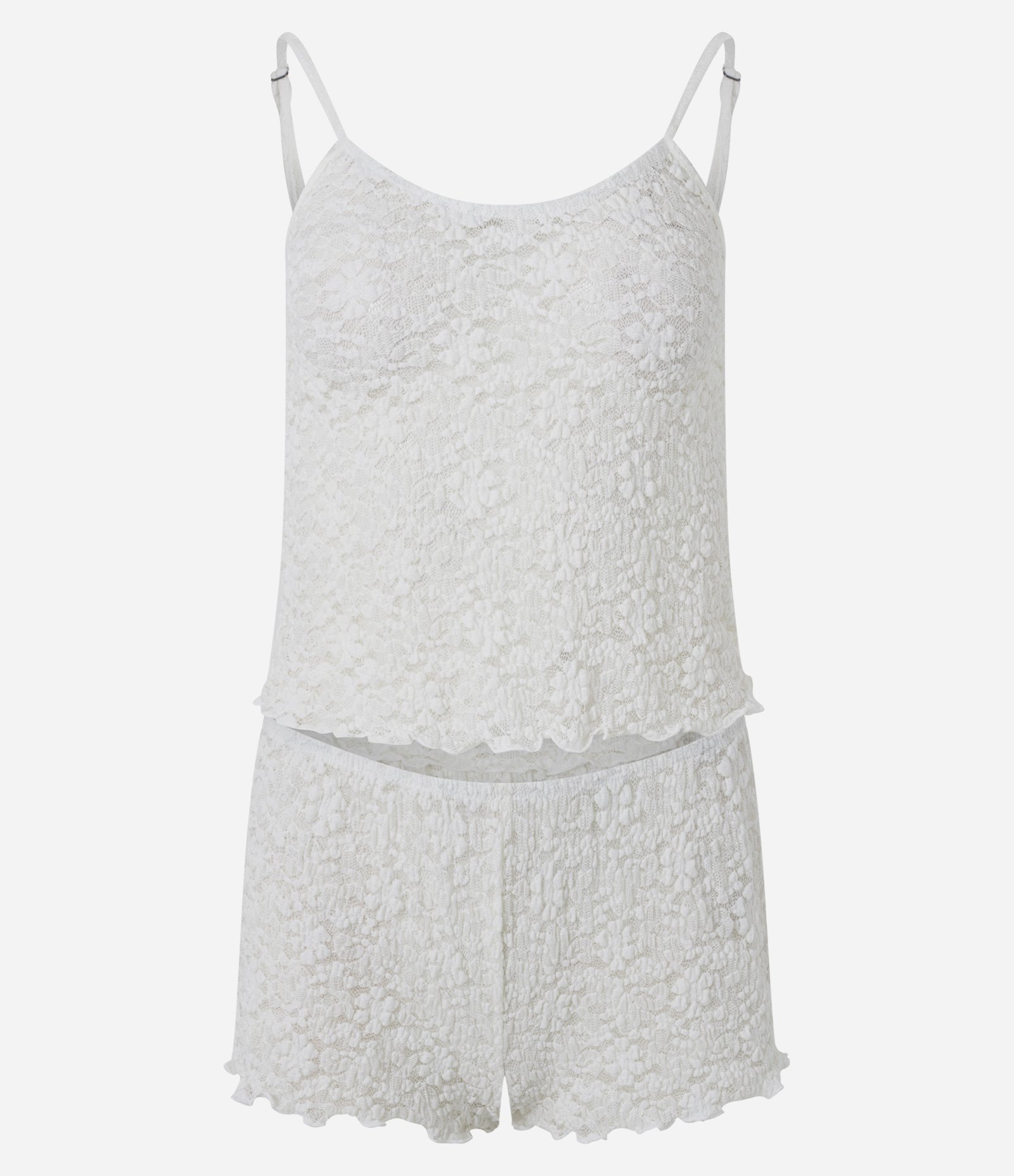 Pijama Regular em Poliamida Texturizada com Renda Transparente Branco 6