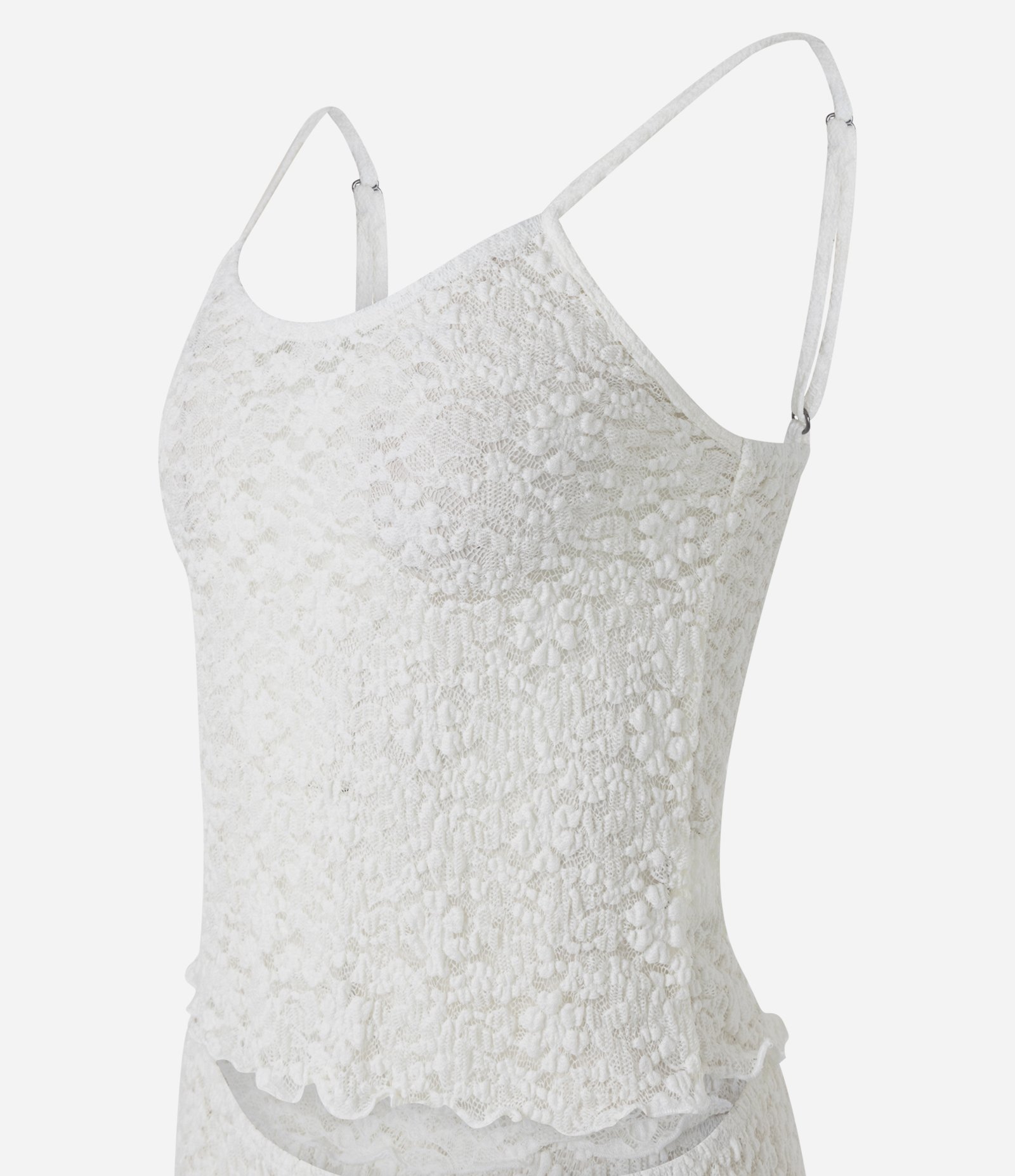 Pijama Regular em Poliamida Texturizada com Renda Transparente Branco 7