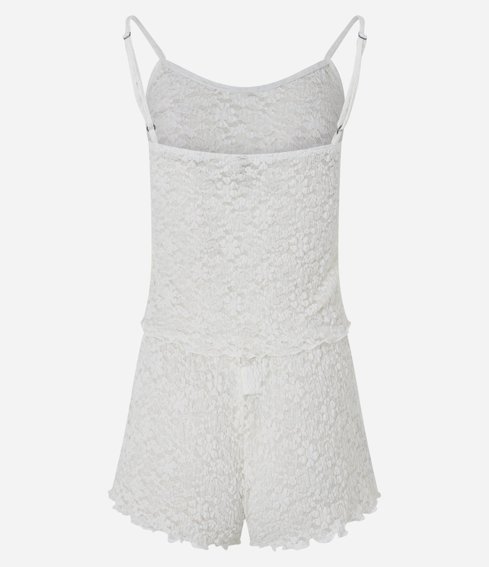 Pijama Regular em Poliamida Texturizada com Renda Transparente Branco 8