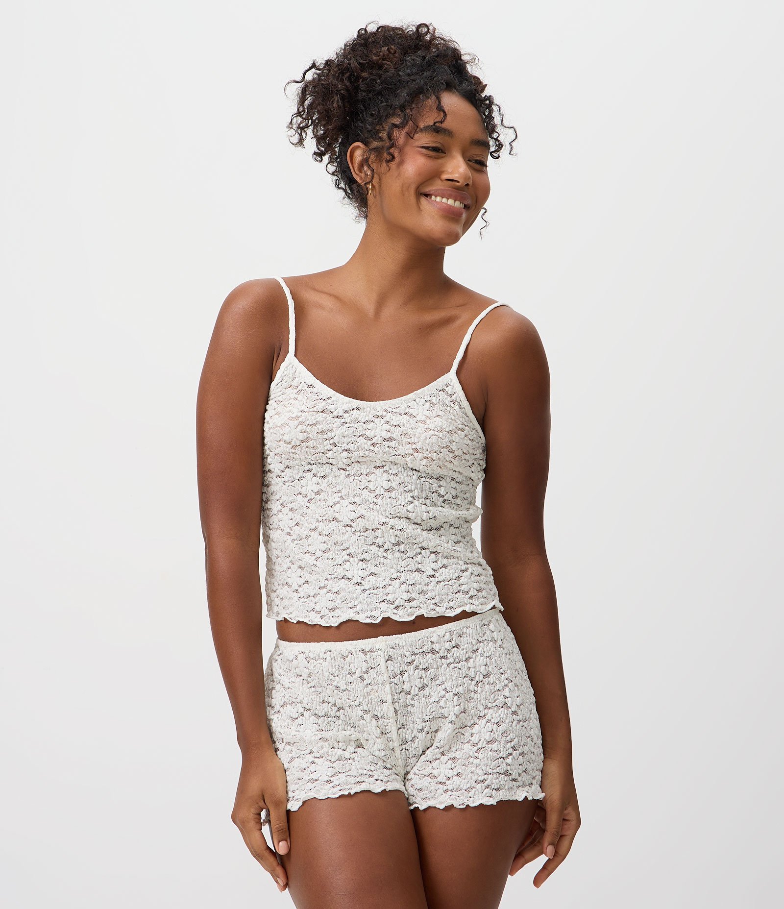 Pijama Regular em Poliamida Texturizada com Renda Transparente Branco 2
