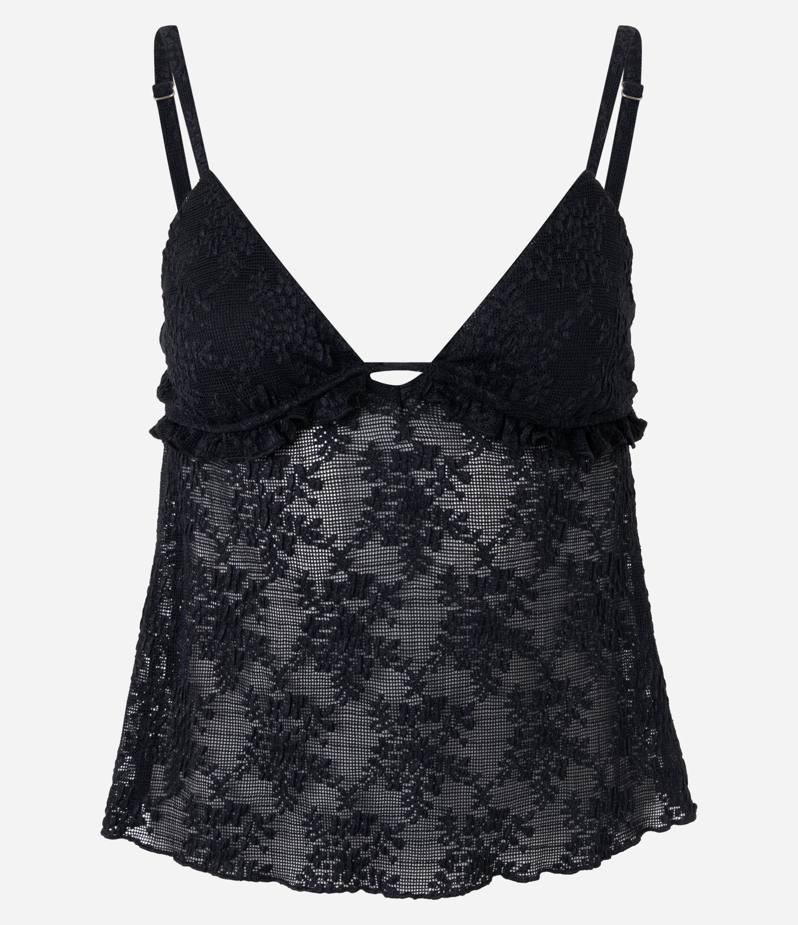 Blusa Batinha em Renda com Babado e Alças Finas Preto 5