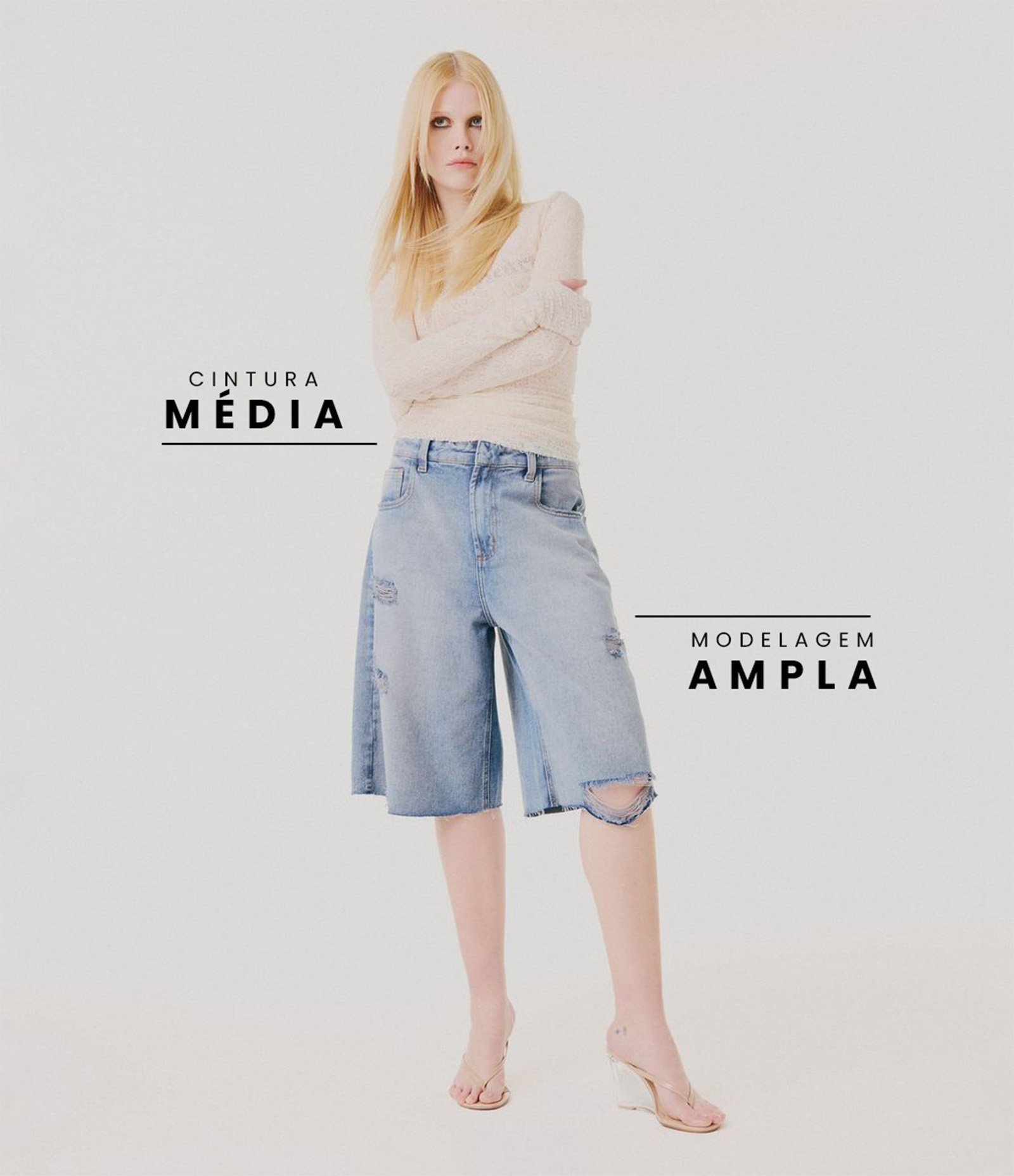 Bermuda Jorts em Jeans Destroyed com Bolsos Azul 1