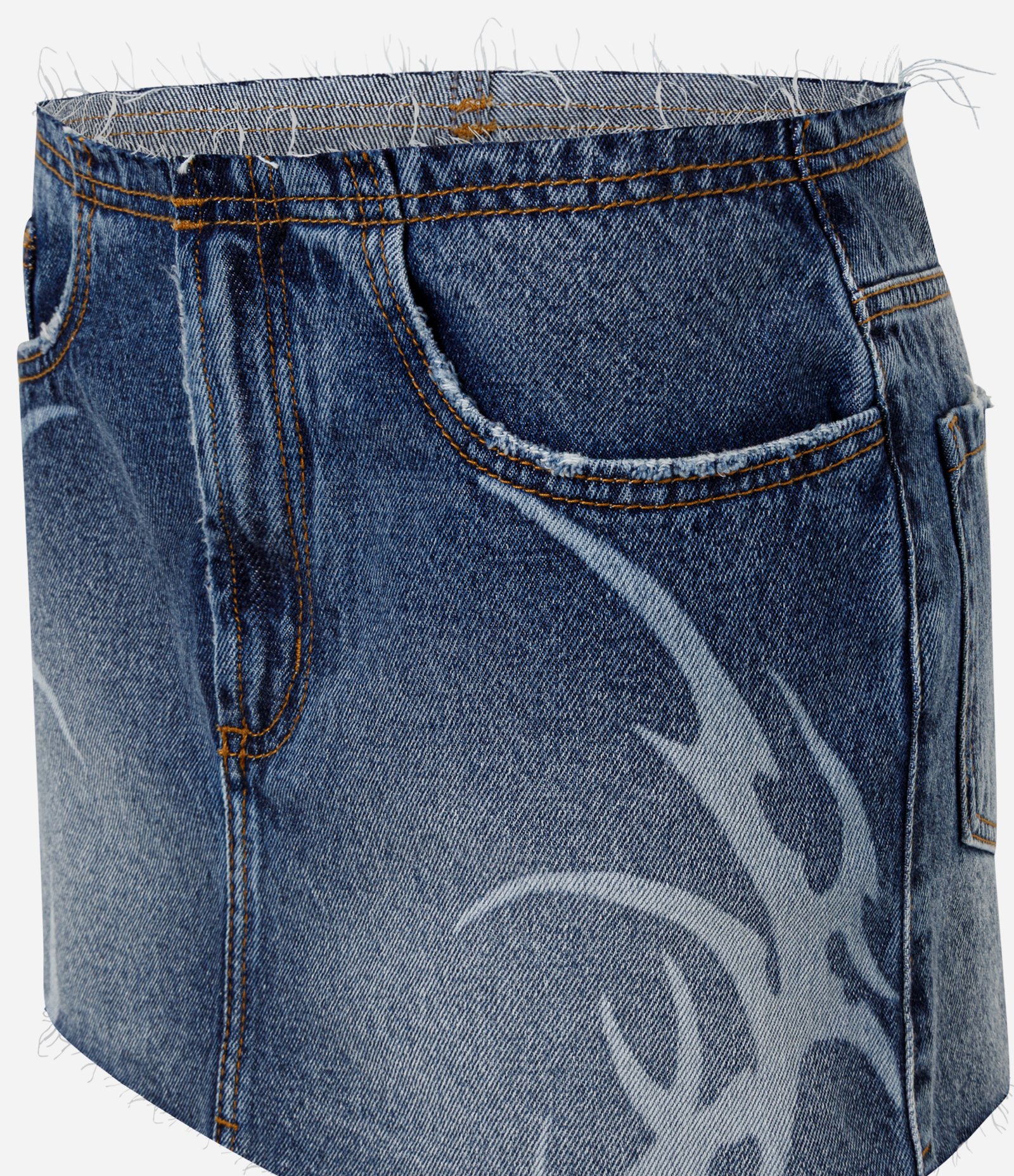Mini Saia Jeans com Estampa de Raios e Acabamento Desfiado Azul Médio 5