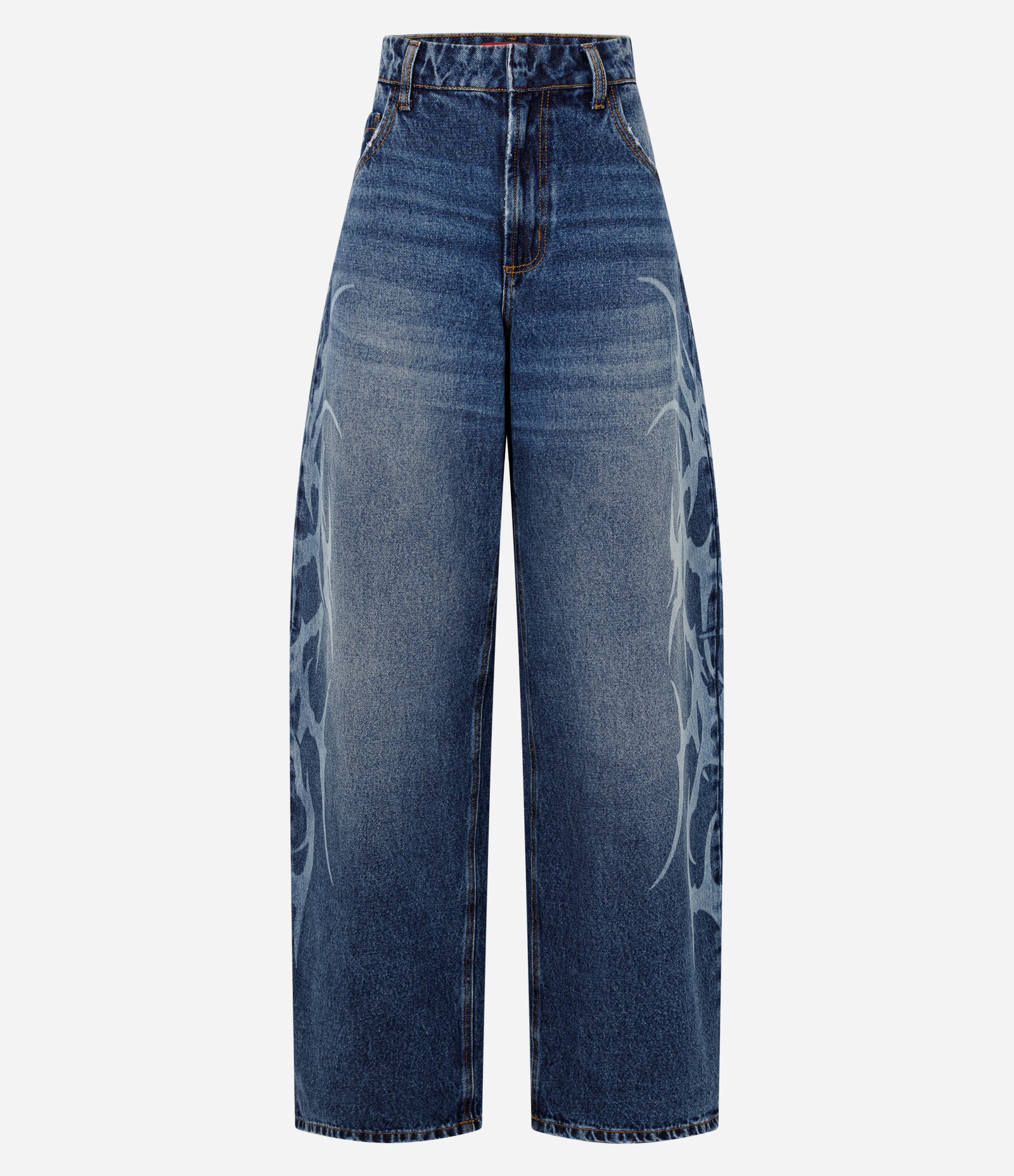 Calça Barrel Jeans com Estampa de Raios e Cintura Baixa Azul Médio 6