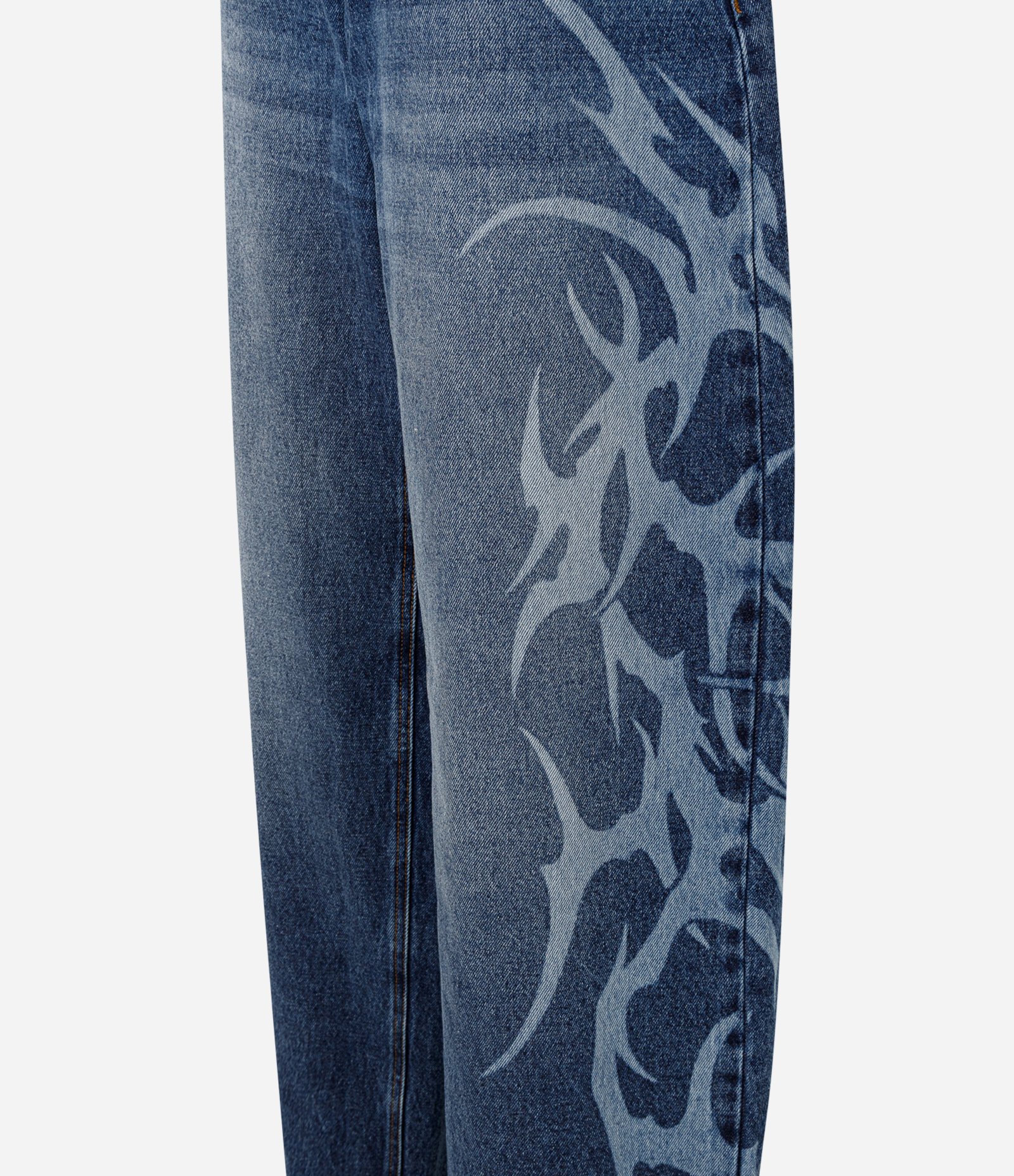 Calça Barrel Jeans com Estampa de Raios e Cintura Baixa Azul Médio 7