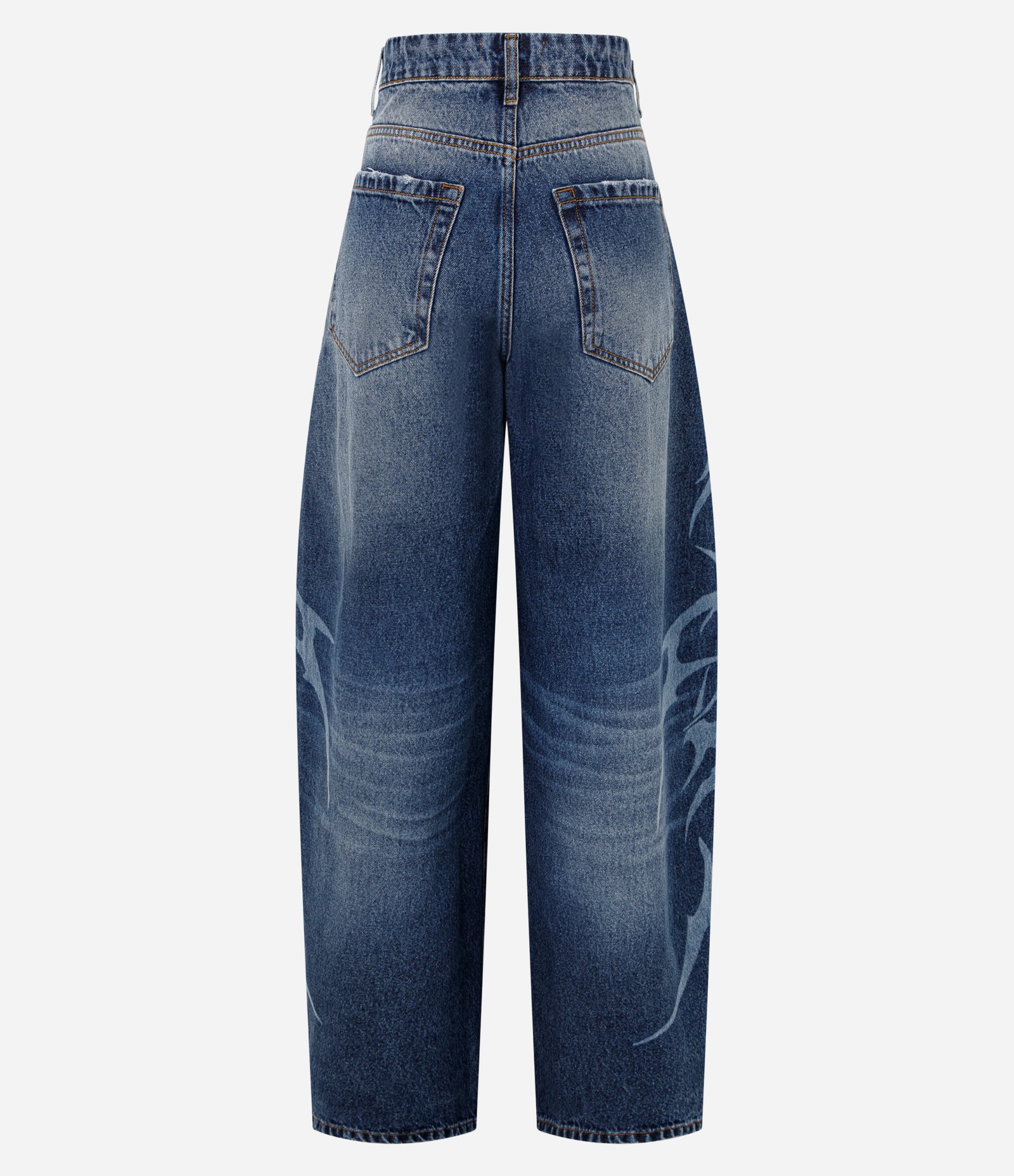 Calça Barrel Jeans com Estampa de Raios e Cintura Baixa Azul Médio 8