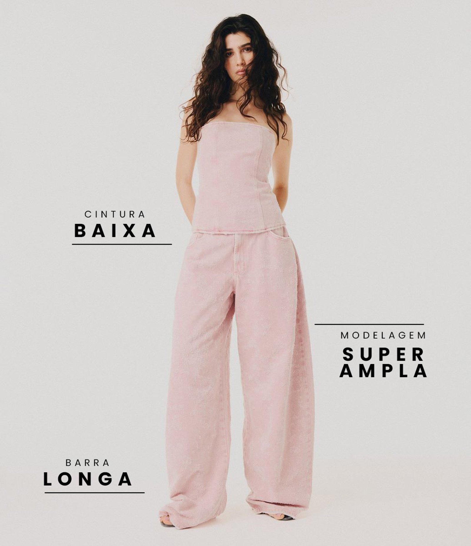 Calça Barrel em Sarja com Efeito Marmorizado e Cintura Baixa Rosa 1