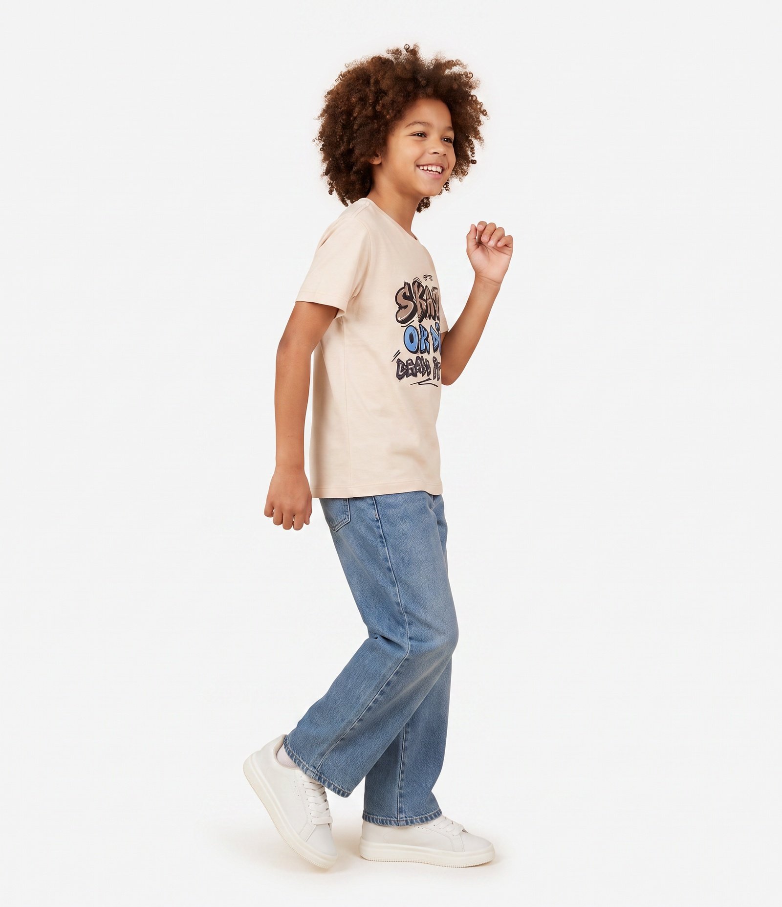 Camiseta Infantil Em Algodão Grafitado - Tam 5 a 16 Anos Bege 2