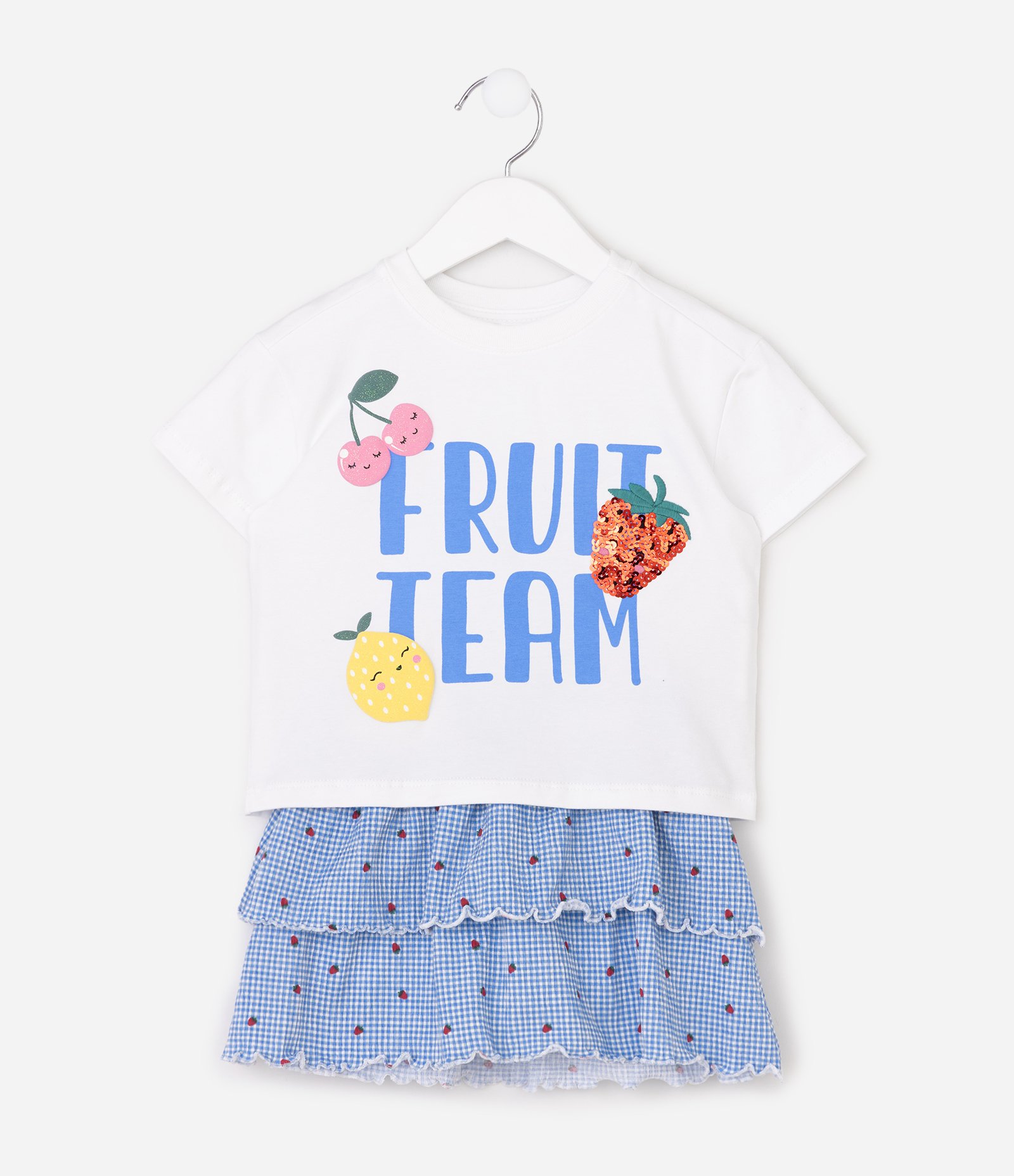 Conjunto Infantil Em Algodão Poim Estampa Frutas e Saia Xadrez - Tam 1 a 6 Anos Branco 7
