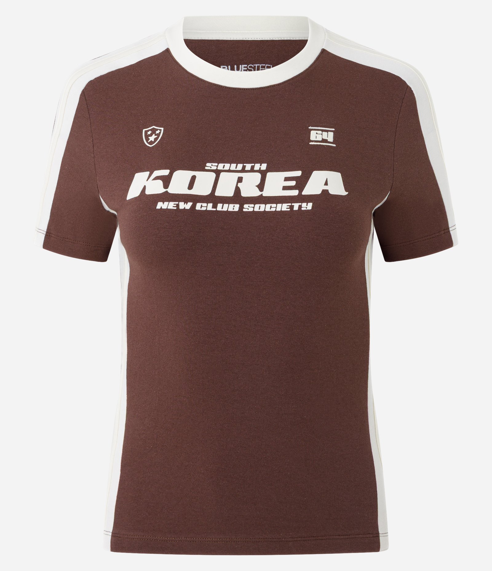 Camiseta com Lettering Korea New Club Society e Recortes Contrastantes Marrom 3