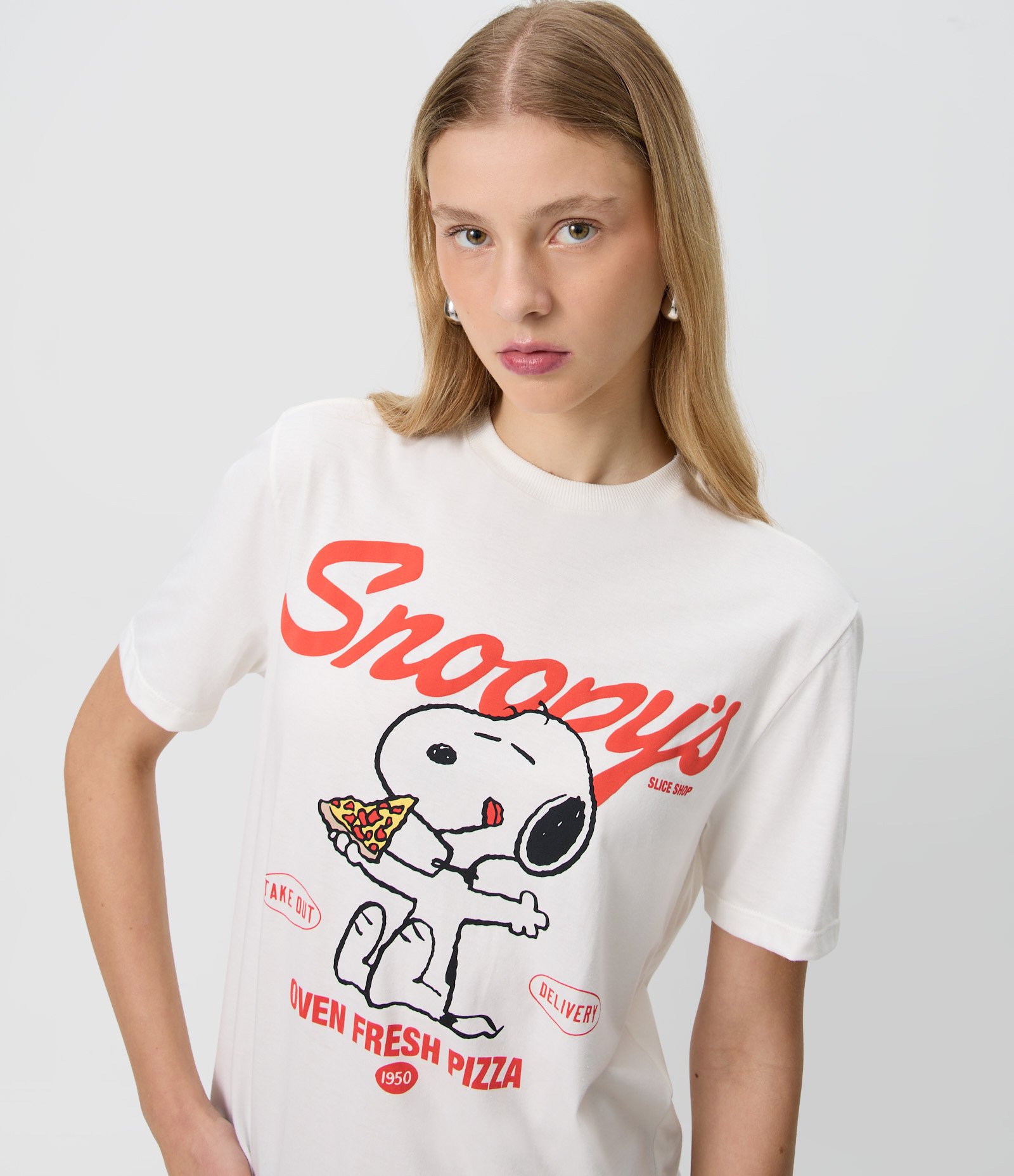 Camiseta em Algodão com Estampa Snoopy Pizza Branco 1