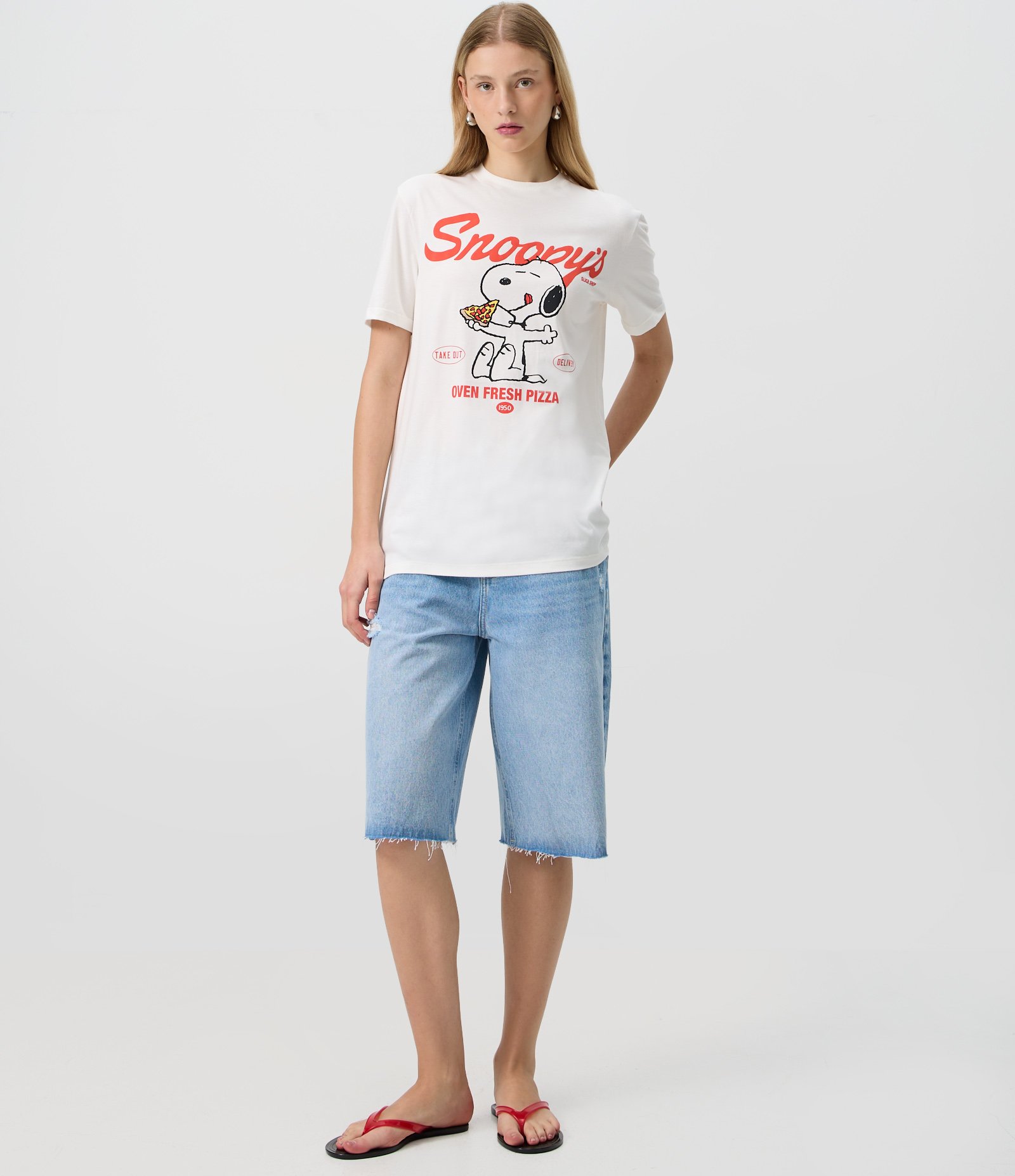 Camiseta em Algodão com Estampa Snoopy Pizza Branco 2