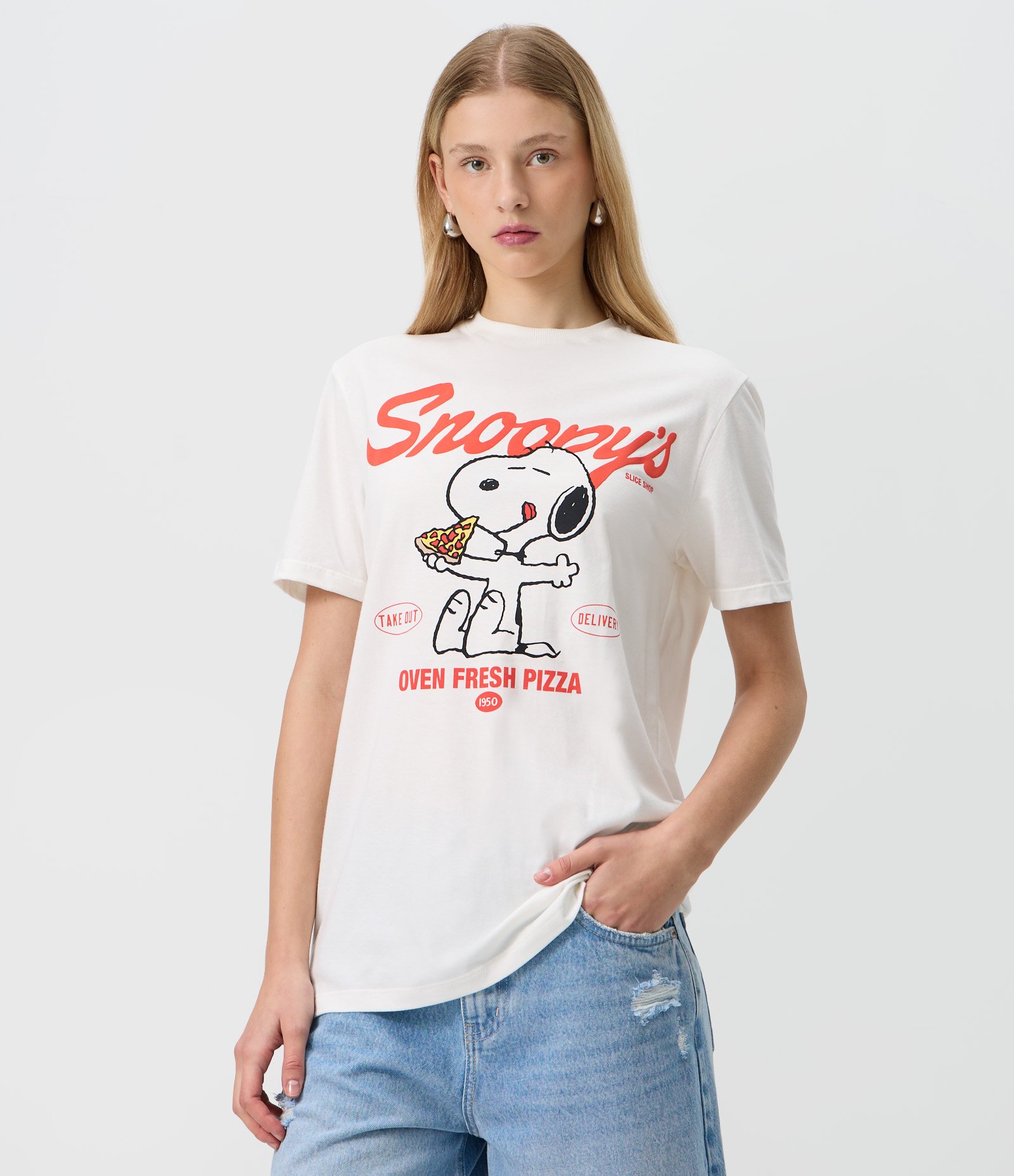 Camiseta em Algodão com Estampa Snoopy Pizza Branco 3