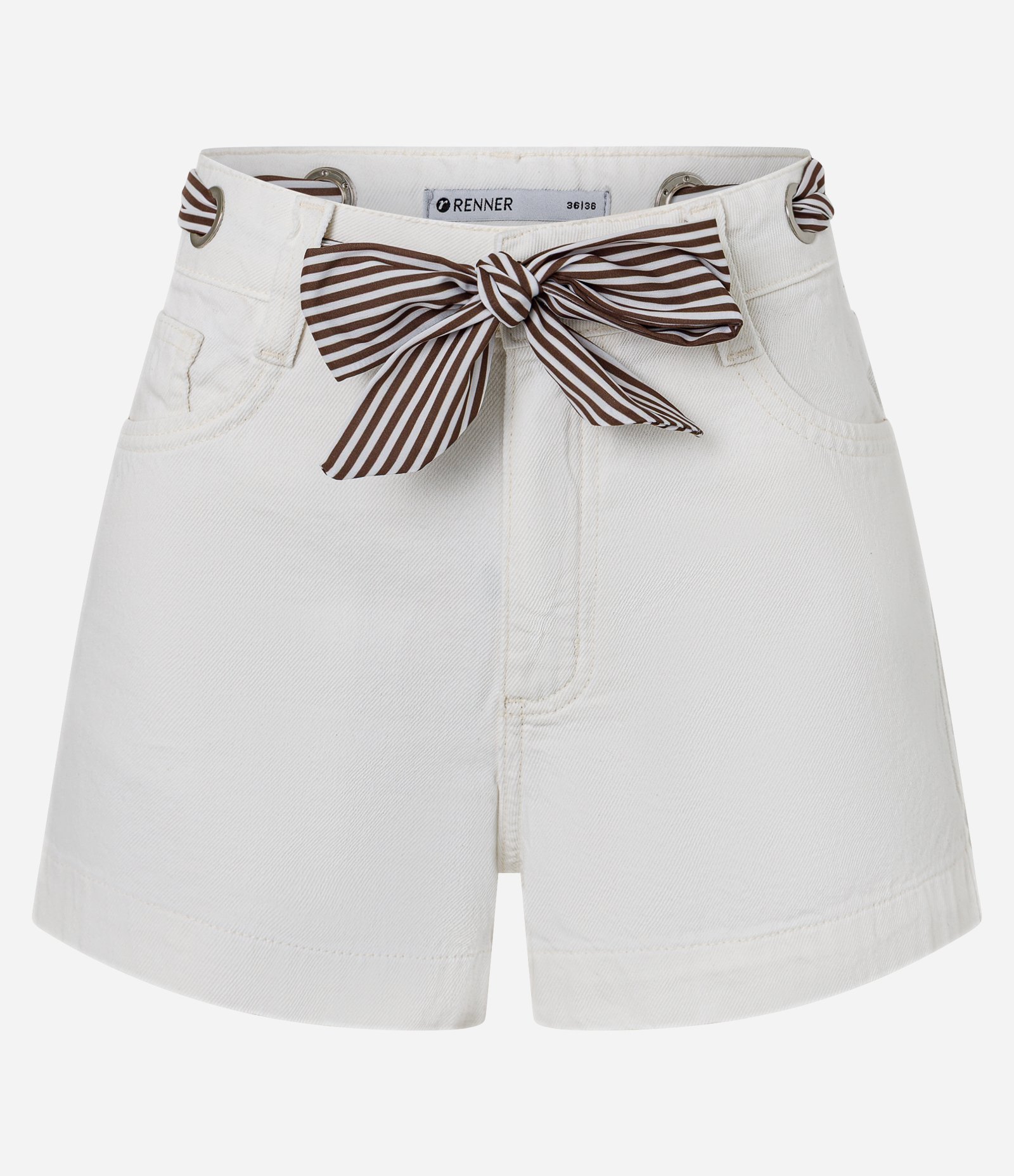 Short em Sarja com Lenço Listrado e Ilhoses Branco 6