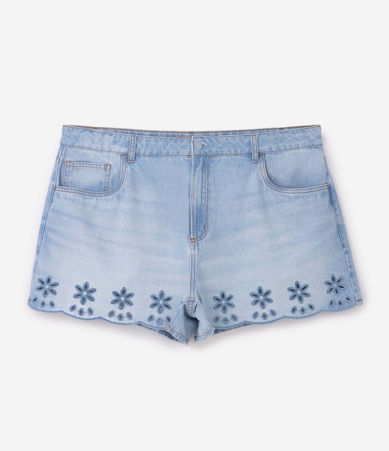 Short Evasê em Jeans com Bordado Richelieu Curve & Plus Size Azul 6