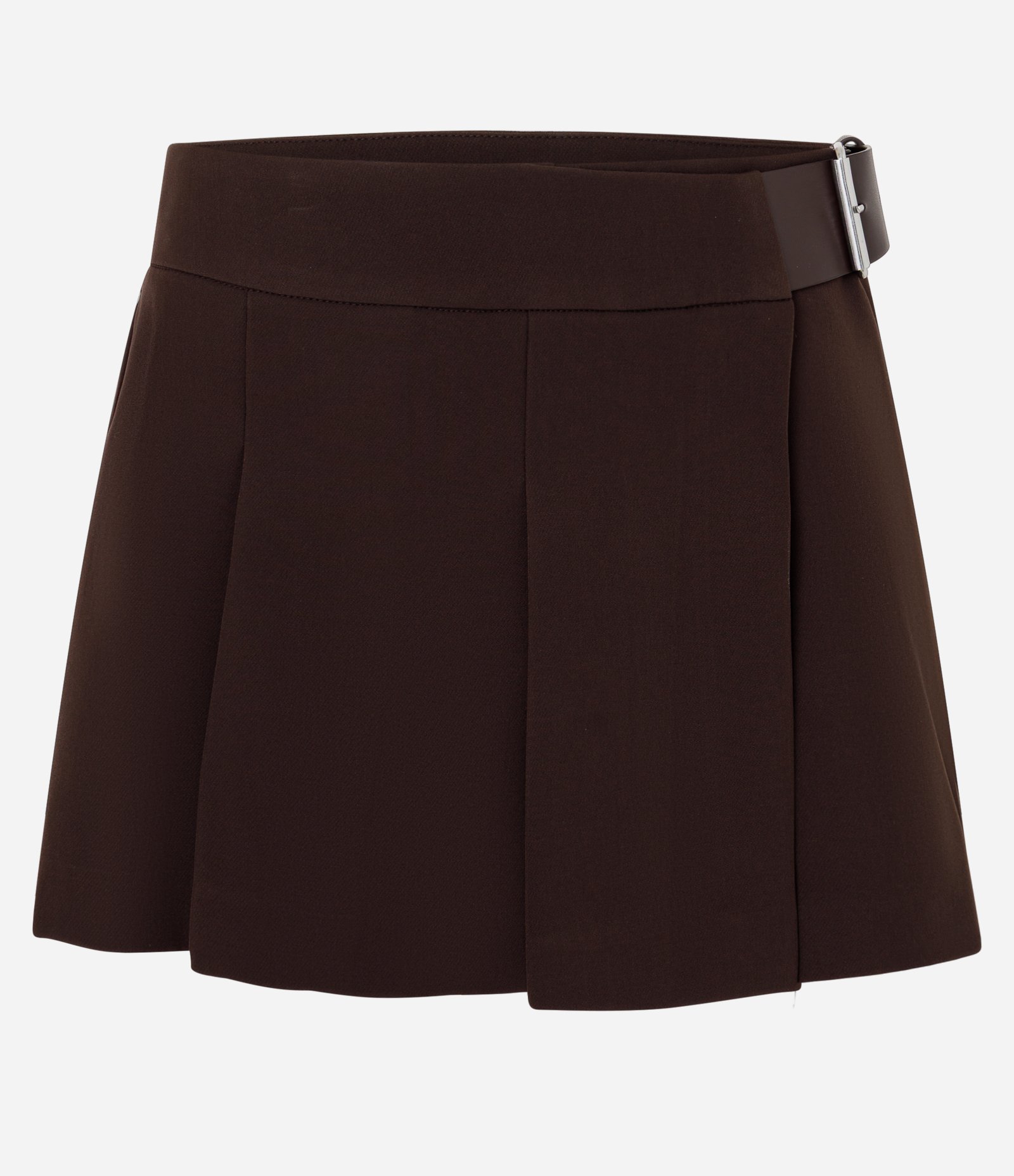 Short Saia Alfaiatado com Plissado Frontal e Cinto Lateral Marrom Escuro 1