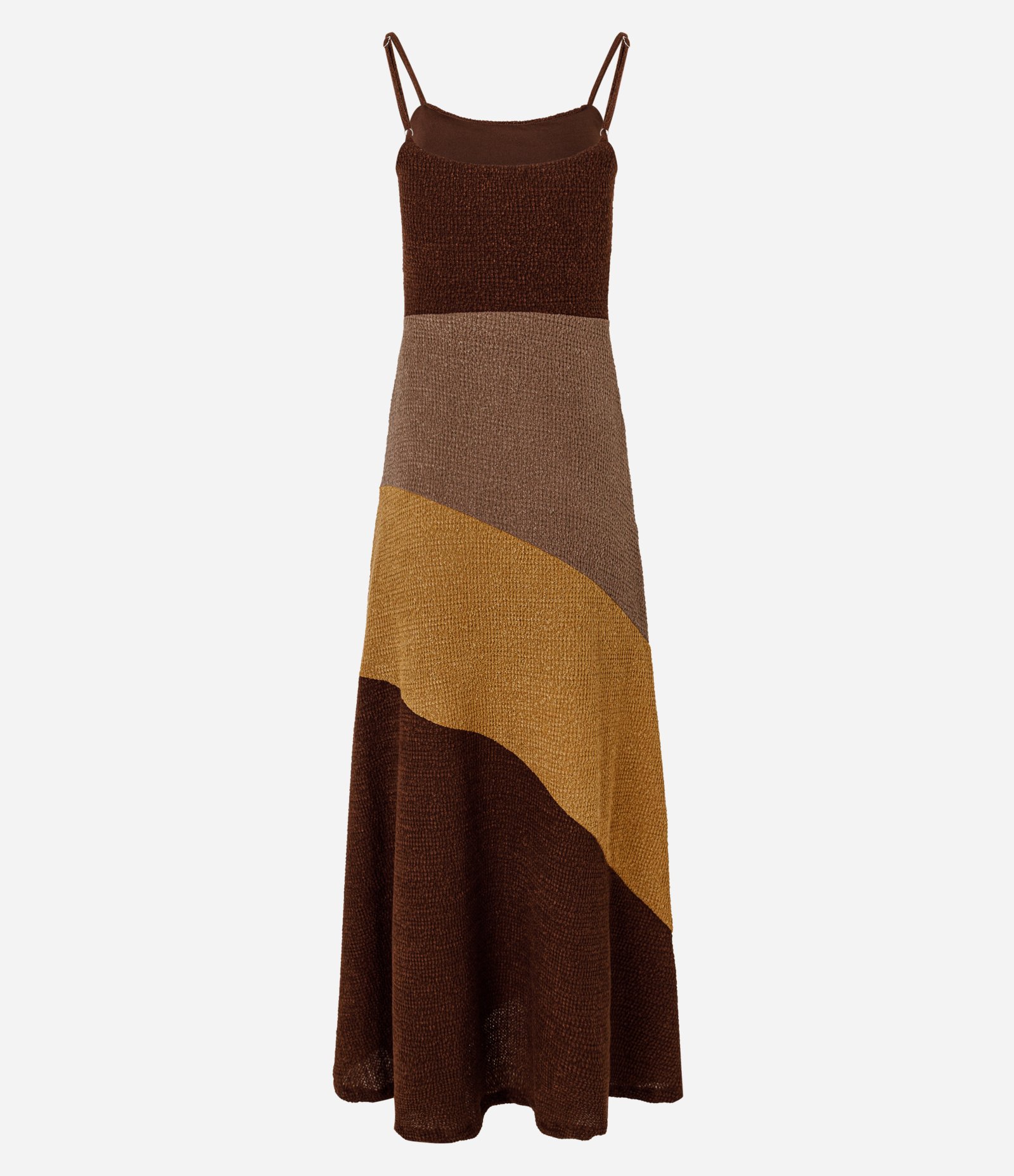 Vestido Longo em Malha Texturizada com Recortes em Blocos Marrom 2