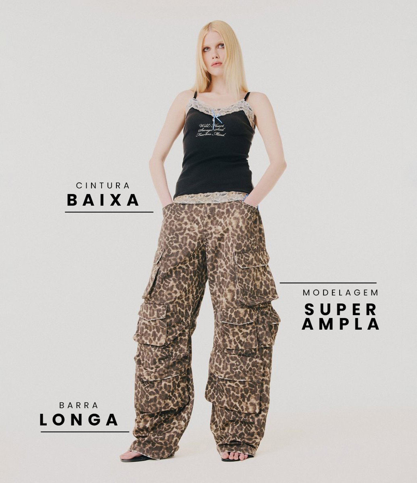 Calça Balloon em Jeans com Bolsos Cargo e Estampa Animal Print Marrom 1