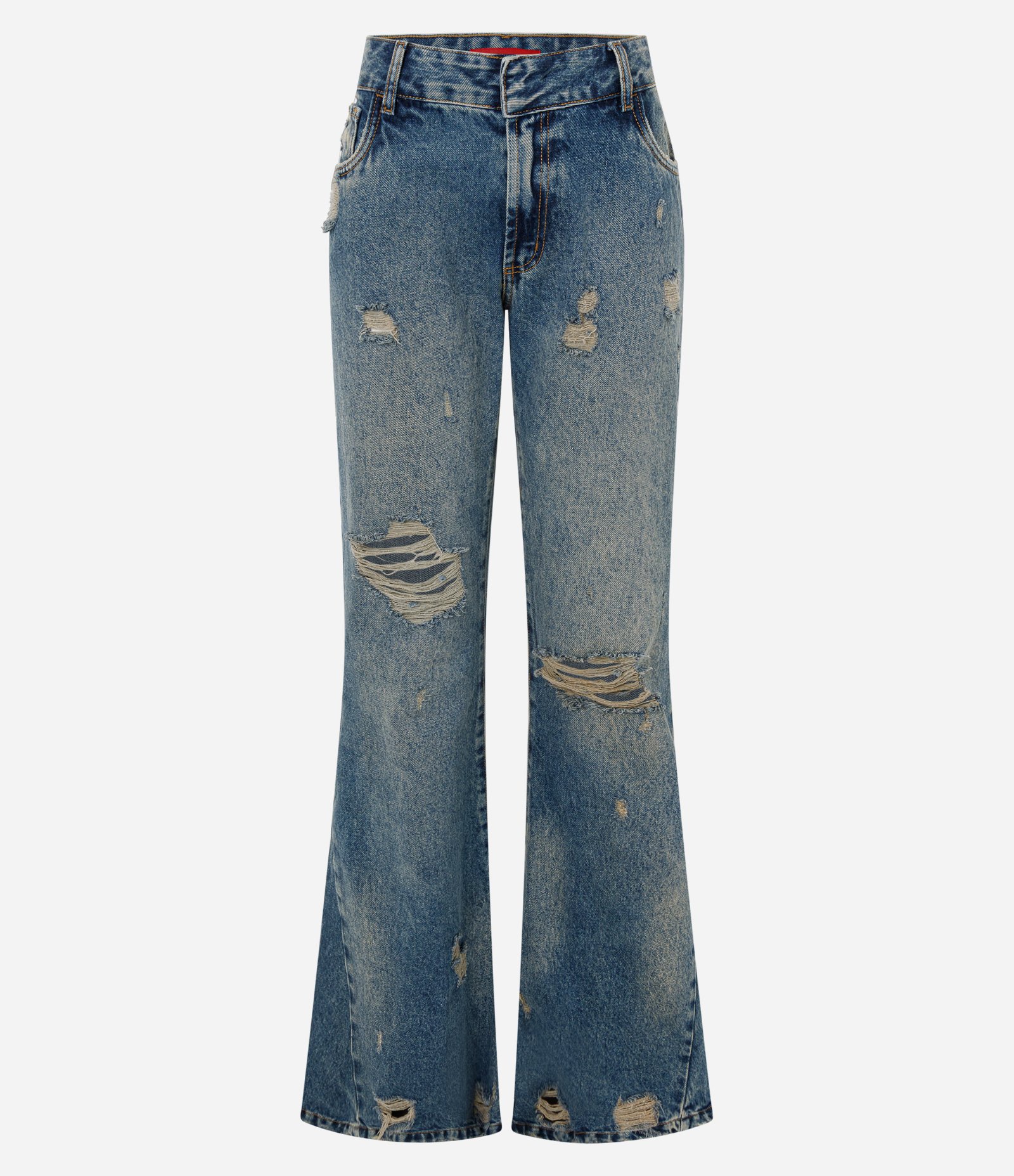 Calça Wide Flare Jeans Dirty com Efeito Destroyed Azul Escuro 5