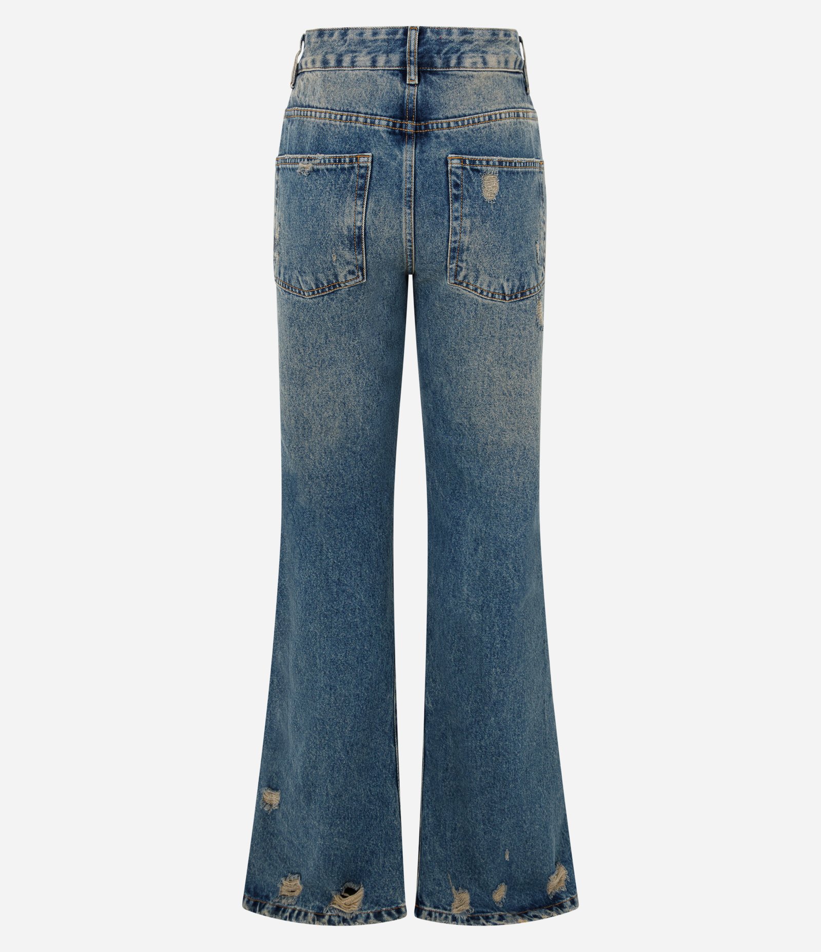 Calça Wide Flare Jeans Dirty com Efeito Destroyed Azul Escuro 6