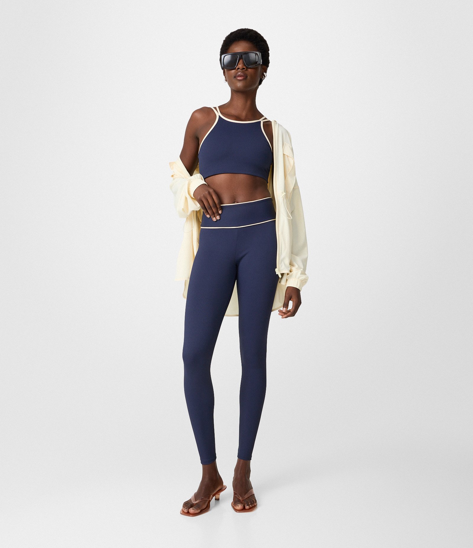 Calça Legging Esportiva Canelada com Friso Contrastante Azul 1