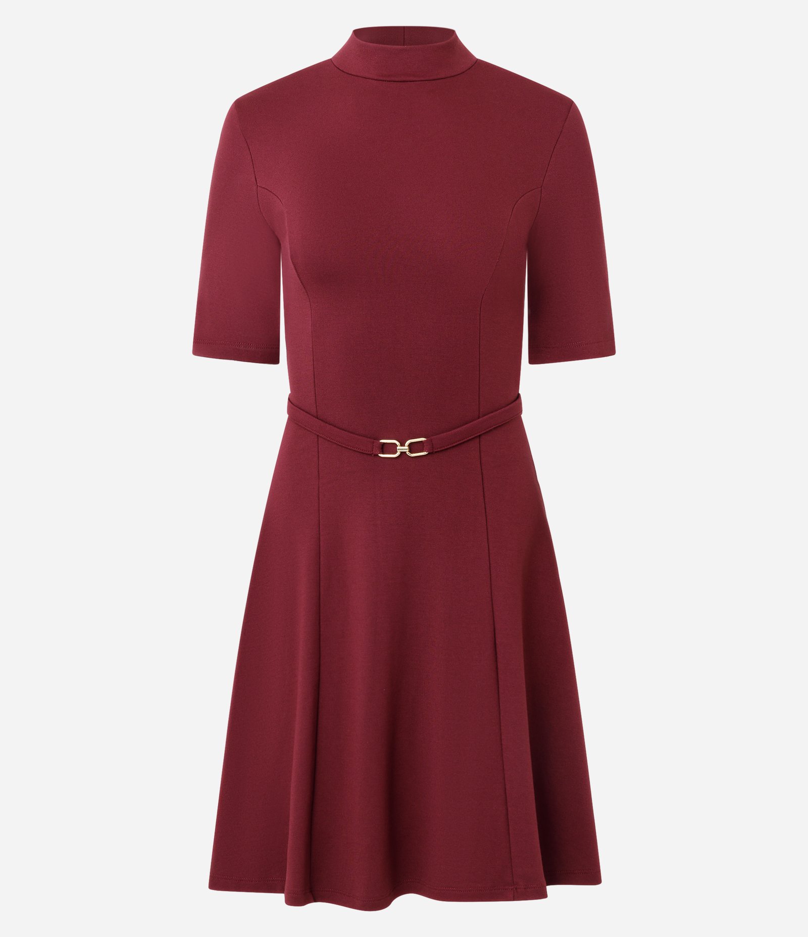 Vestido Em Viscose Evasê com Cinto Fino e Gola Alta Vermelho 5