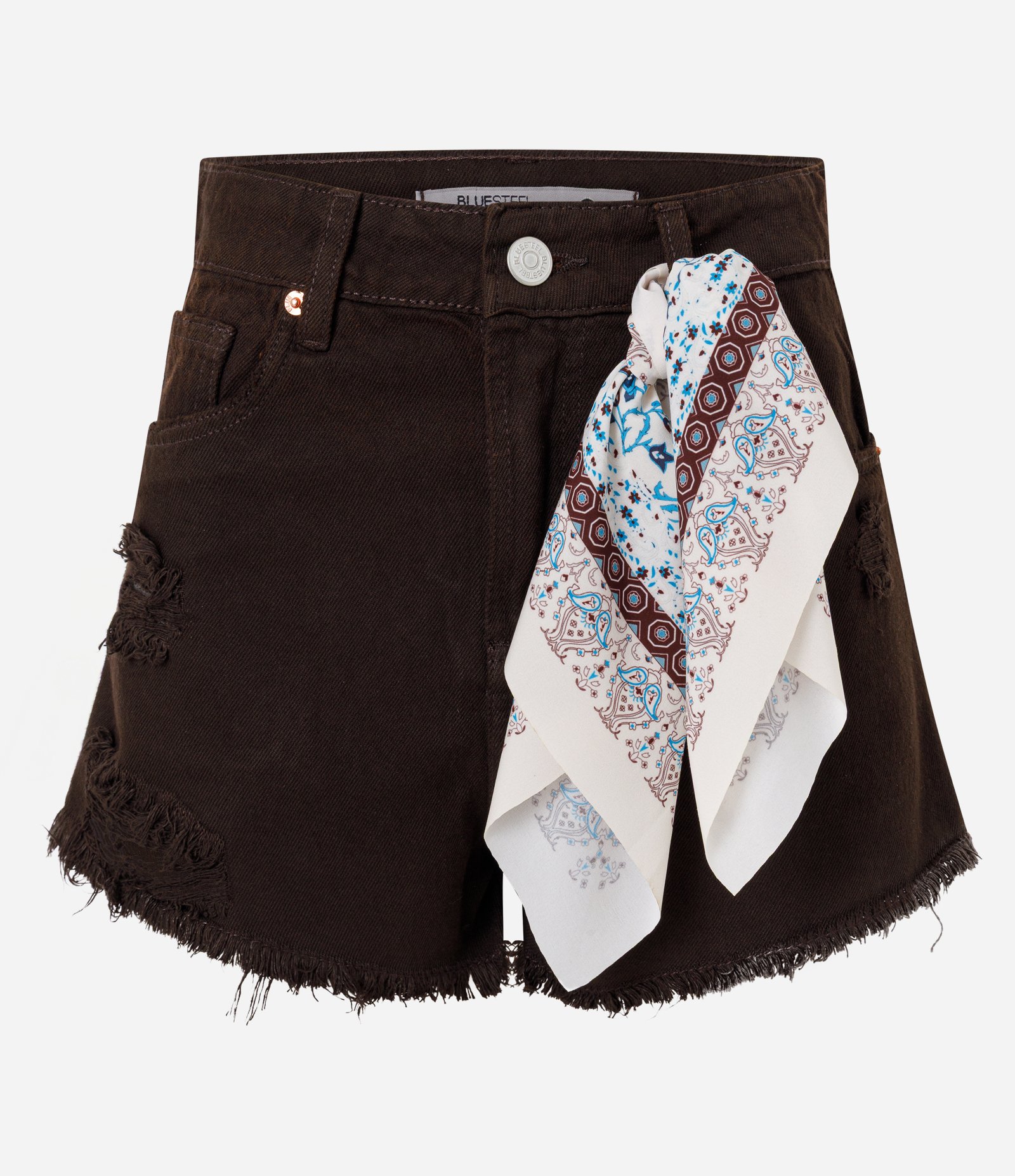 Short Praia em Sarja com Puídos e Lenço Decorativo Marrom 1