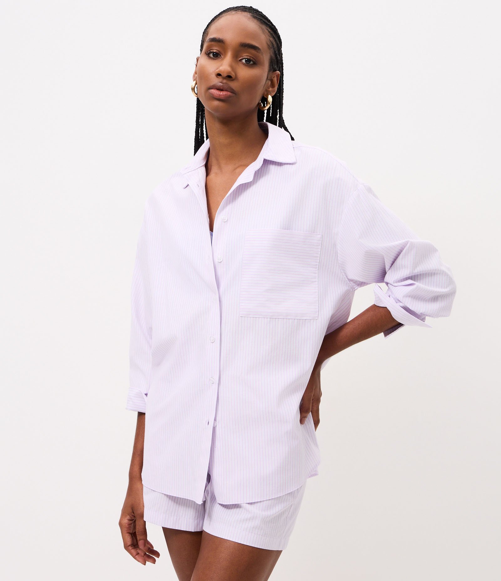 Camisa Oversized em Tricoline com Estampa Listrada Lilás 1