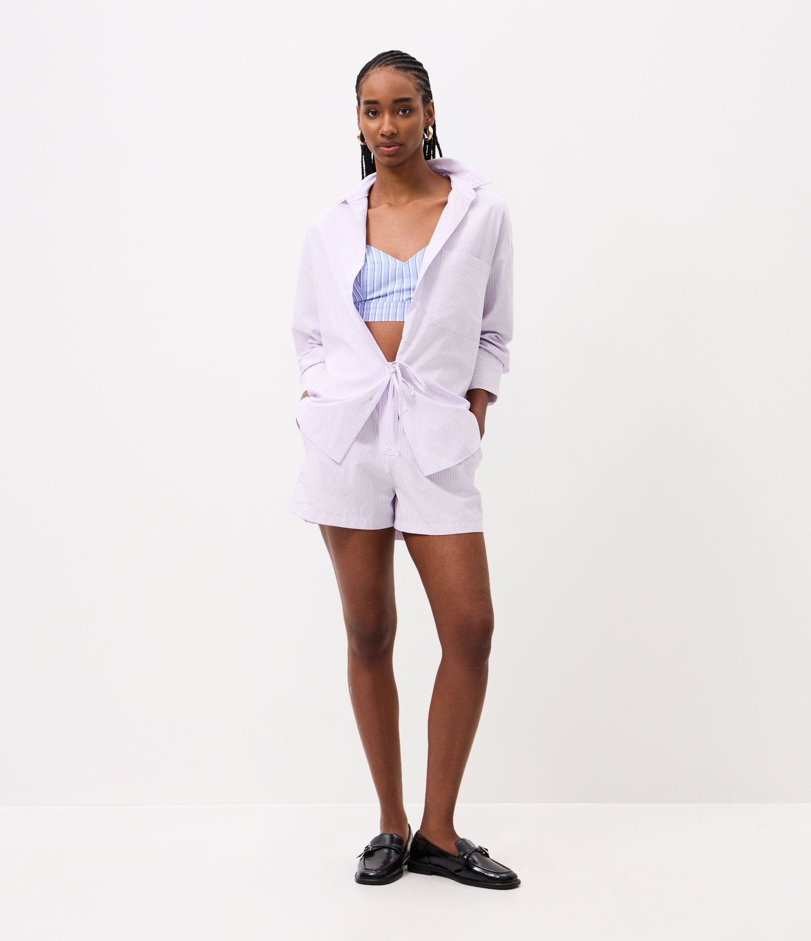 Camisa Oversized em Tricoline com Estampa Listrada Lilás 2